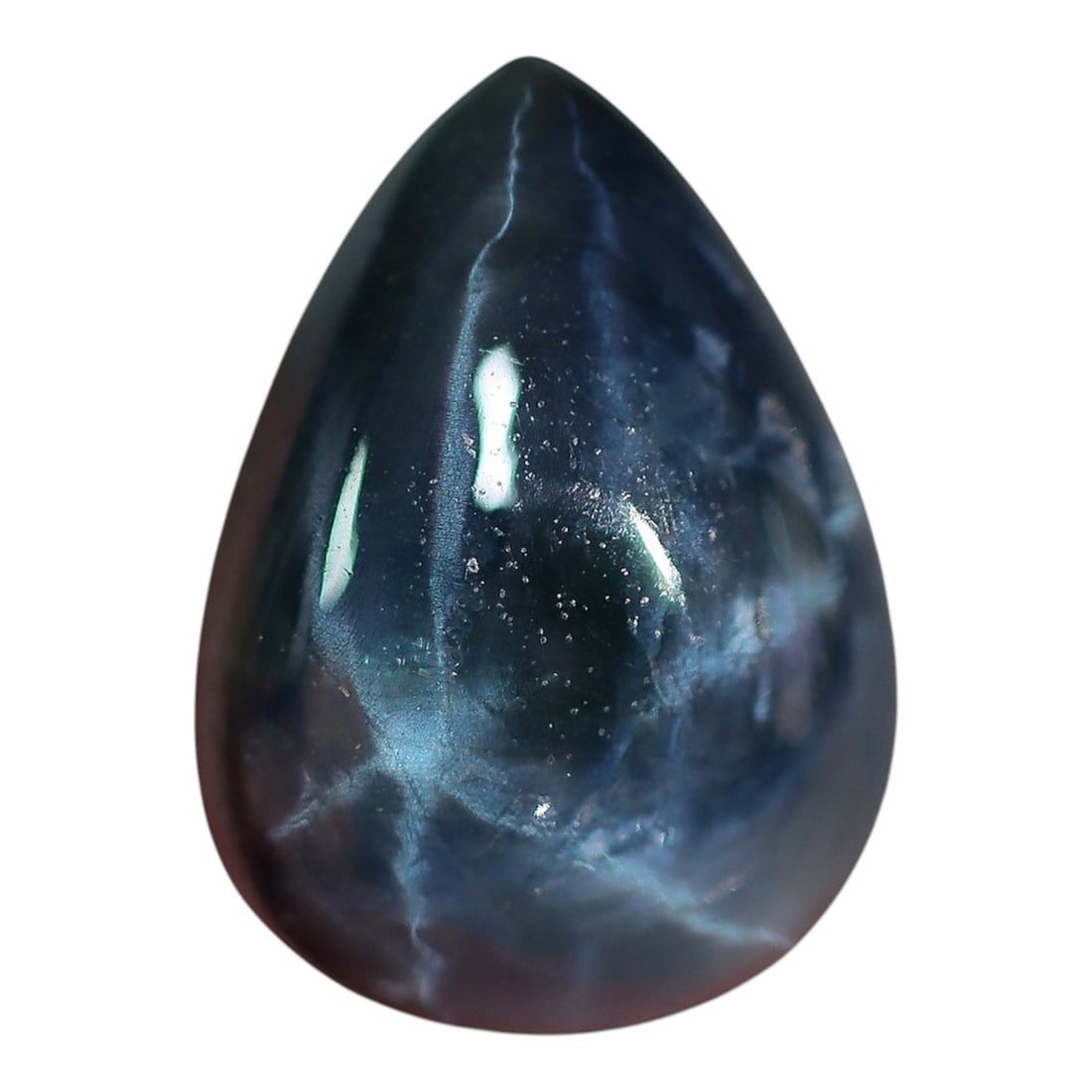 3.89 Carats Midnight Blue Star Sapphire Pear Cabochon - Natural Loose Gemstone, 36XC: This pear-shaped star sapphire evokes the mystery of a midnight sky, displaying a vivid six-rayed star that glides across its smooth, glossy surface under direct light. The stone's deep, moody blue hu