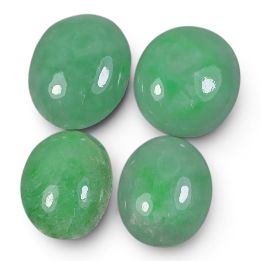 17.51 Carats Natural Type A Burmese Jadeite Cabochon Lot, 90AJ: I'm happy to present this nice little batch of four natural jadeite cabochons, glowing with that fresh, lively green hue! Look at that bright, spring-green color on each stone, just like a sunlit mead