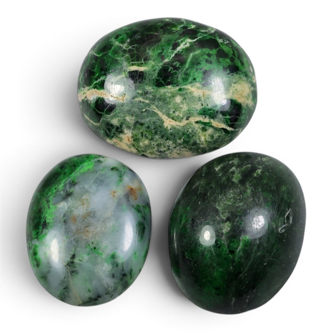 67.27 Carats Natural Burmese Maw Sit Sit Jade Cabochon Lot, 82AJ: I've got a truly eye-catching lot of three natural Burmese maw sit sit jade cabochons, each one a unique work of nature's art! Look at the incredible variation here-one stone is a wild mix of deep for