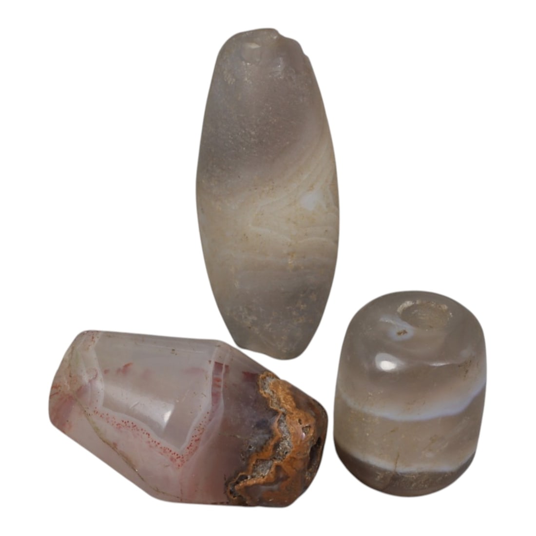 Lot of 3 Antique Central Asian / Himalayan Banded Agate Trade Beads, 15th-19th Century., 48AK: This lot comprises 3 antique banded agate beads, characteristic of Central Asian or Himalayan trade traditions. Each bead exhibits signs of significant age, including natural patination, surface wear,