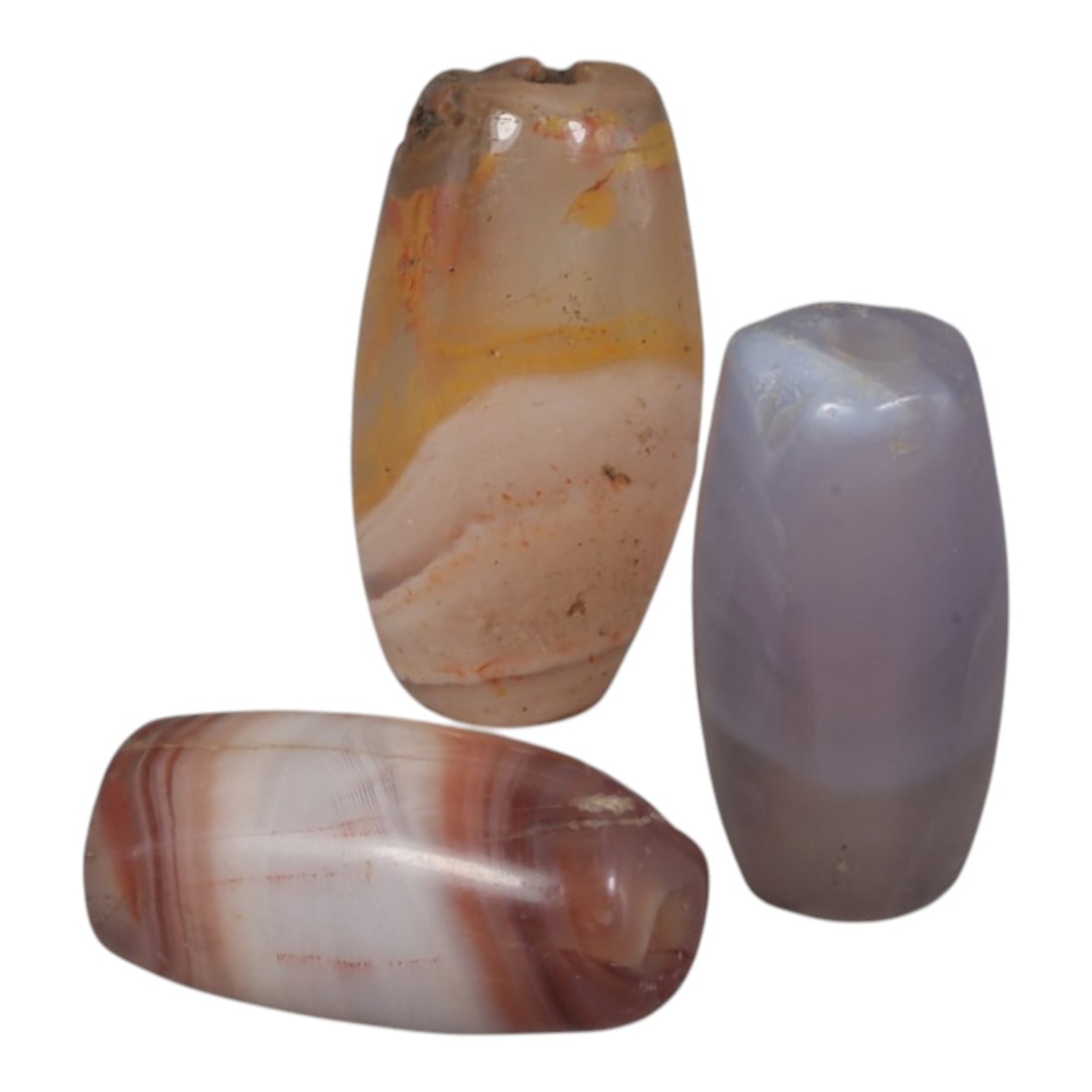 Lot of 3 Antique Central Asian / Himalayan Banded Agate Trade Beads, 15th-19th Century., 73AK: This lot comprises 3 antique banded agate beads, characteristic of Central Asian or Himalayan trade traditions. Each bead exhibits signs of significant age, including natural patination, surface wear,