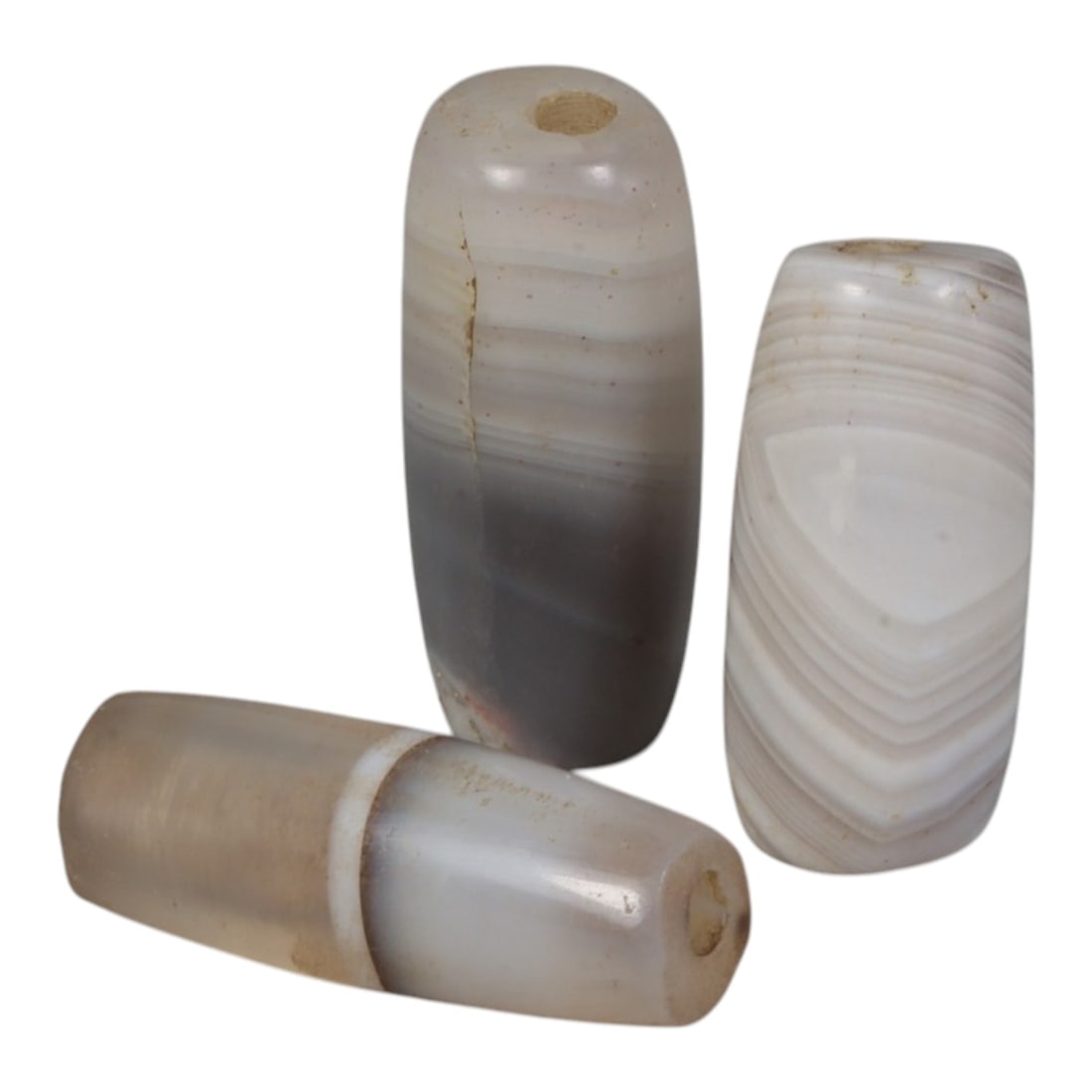Lot of 3 Antique Central Asian / Himalayan Banded Agate Trade Beads, 15th-19th Century., 65AK: This lot comprises 3 antique banded agate beads, characteristic of Central Asian or Himalayan trade traditions. Each bead exhibits signs of significant age, including natural patination, surface wear,