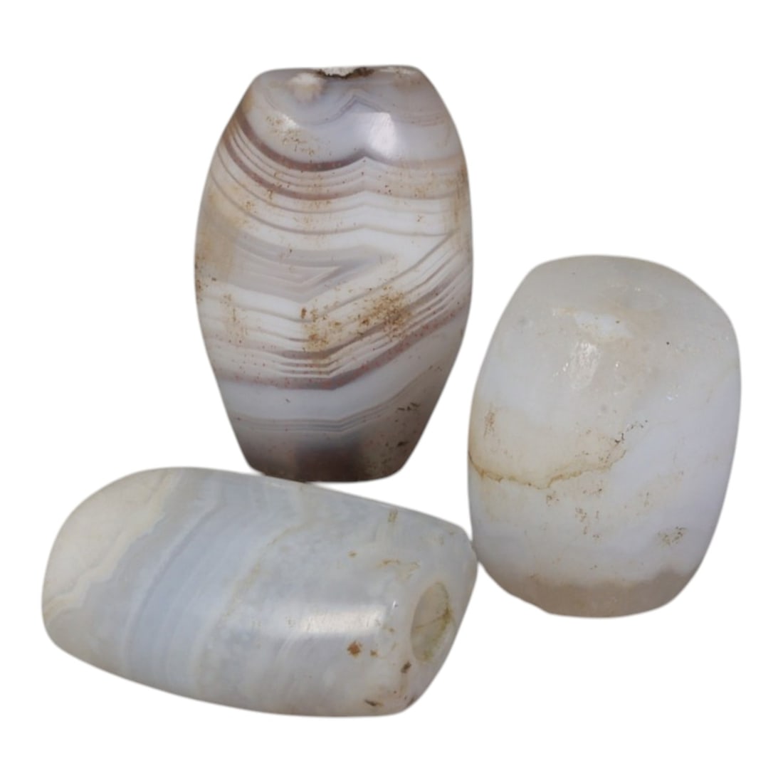 Lot of 3 Antique Central Asian / Himalayan Banded Agate Trade Beads, 15th-19th Century., 54AK: This lot comprises 3 antique banded agate beads, characteristic of Central Asian or Himalayan trade traditions. Each bead exhibits signs of significant age, including natural patination, surface wear,