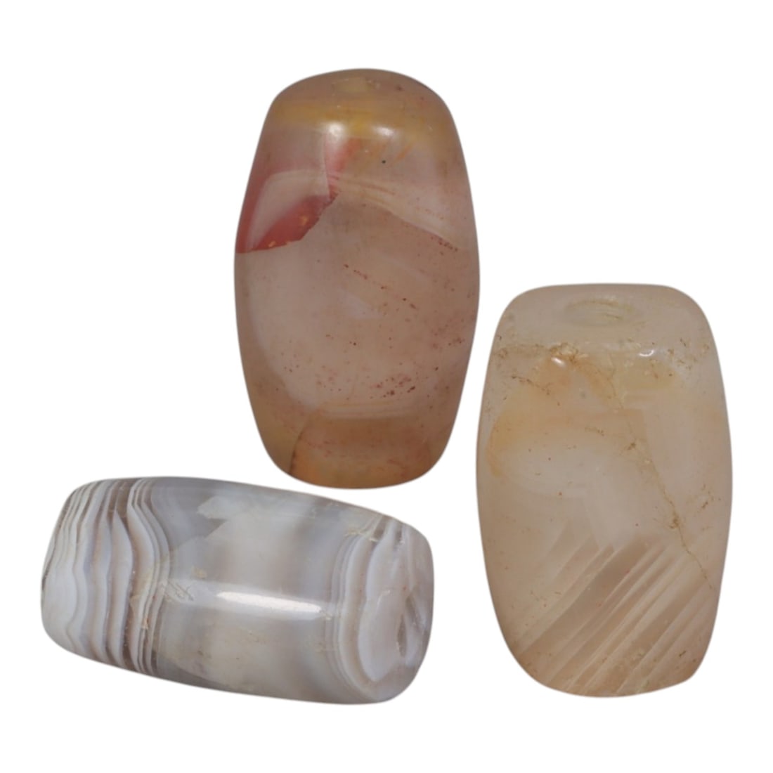 Lot of 3 Antique Central Asian / Himalayan Banded Agate Trade Beads, 15th-19th Century., 67AK: This lot comprises 3 antique banded agate beads, characteristic of Central Asian or Himalayan trade traditions. Each bead exhibits signs of significant age, including natural patination, surface wear,