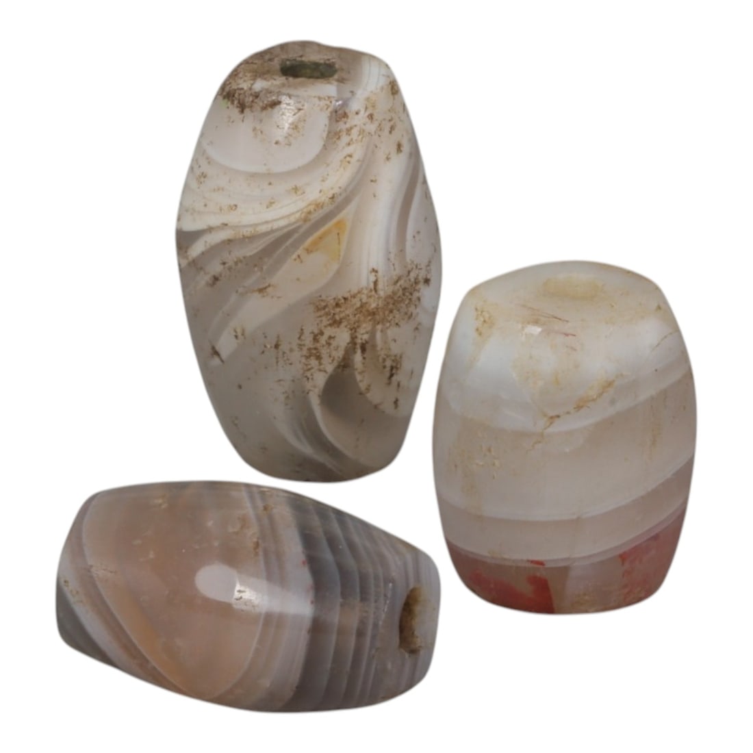 Lot of 3 Antique Central Asian / Himalayan Banded Agate Trade Beads, 15th-19th Century., 69AK: This lot comprises 3 antique banded agate beads, characteristic of Central Asian or Himalayan trade traditions. Each bead exhibits signs of significant age, including natural patination, surface wear,