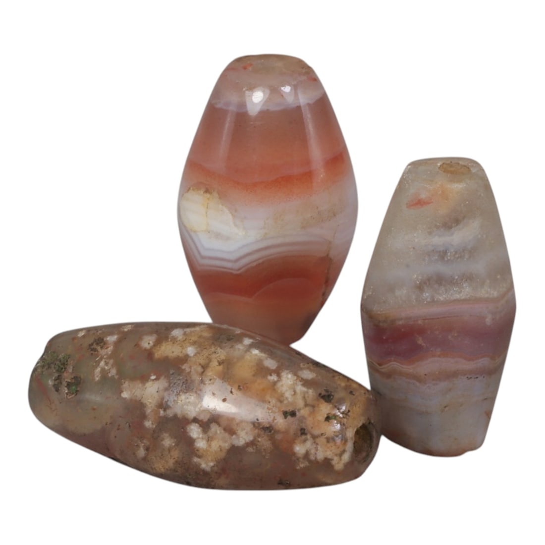 Lot of 3 Antique Central Asian / Himalayan Banded Agate Trade Beads, 15th-19th Century., 62AK: This lot comprises 3 antique banded agate beads, characteristic of Central Asian or Himalayan trade traditions. Each bead exhibits signs of significant age, including natural patination, surface wear,