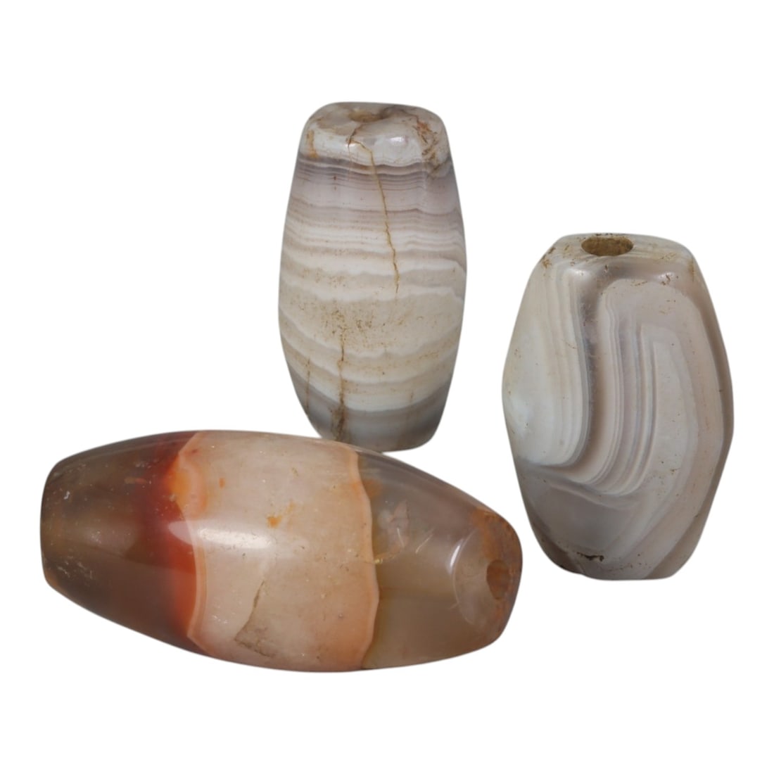 Lot of 3 Antique Central Asian / Himalayan Banded Agate Trade Beads, 15th-19th Century., 78AK: This lot comprises 3 antique banded agate beads, characteristic of Central Asian or Himalayan trade traditions. Each bead exhibits signs of significant age, including natural patination, surface wear,