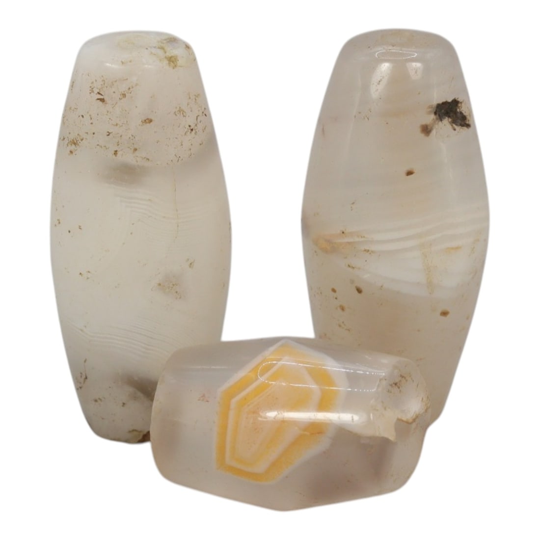 Lot of 3 Antique Central Asian / Himalayan Banded Agate Trade Beads, 15th-19th Century, 50WS: This lot comprises 3 antique banded agate beads, characteristic of Central Asian or Himalayan trade traditions. Each bead exhibits signs of significant age, including natural patination, surface wear,