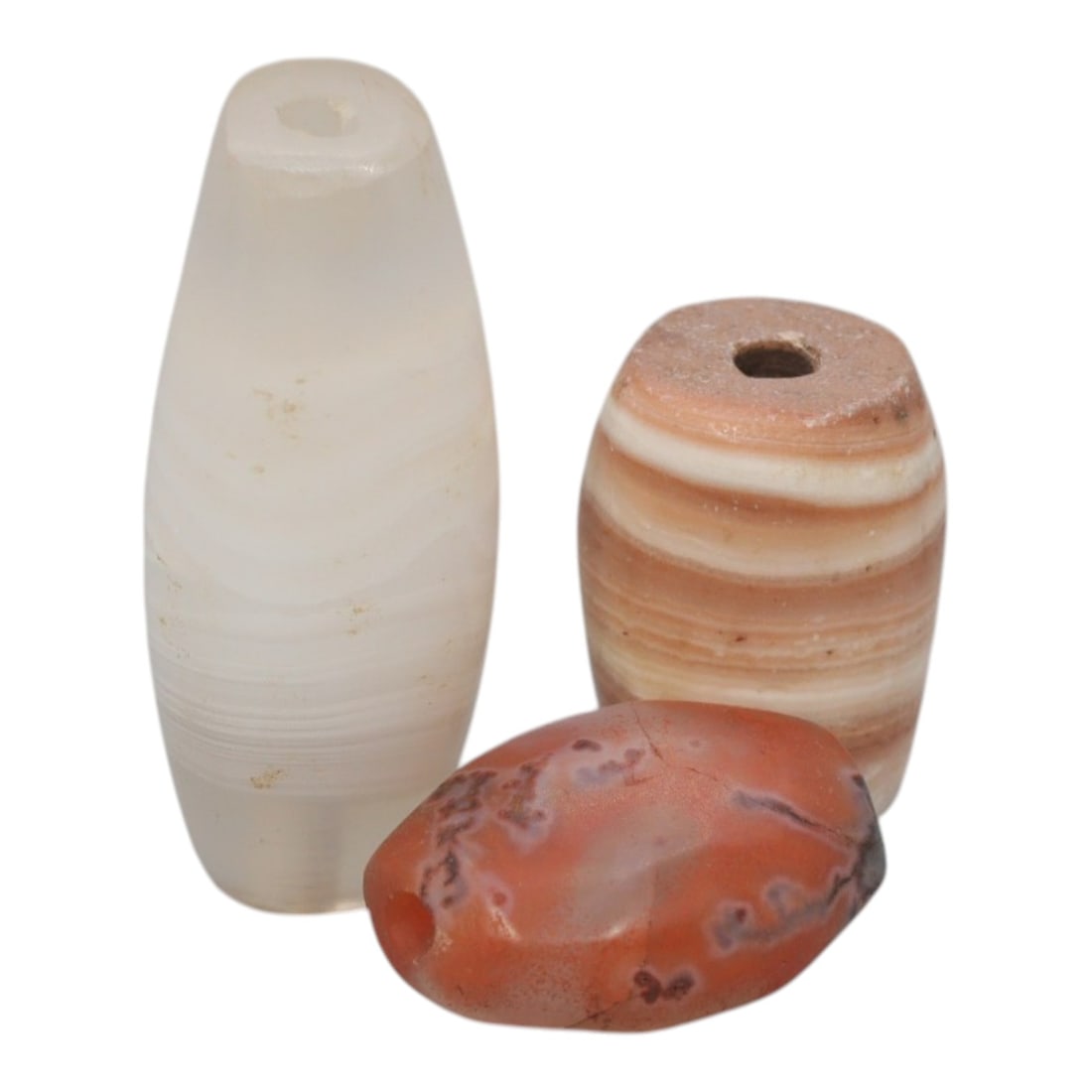 Lot of 3 Antique Central Asian / Himalayan Banded Agate Trade Beads, 15th-19th Century, 64WS: This lot comprises 3 antique banded agate beads, characteristic of Central Asian or Himalayan trade traditions. Each bead exhibits signs of significant age, including natural patination, surface wear,
