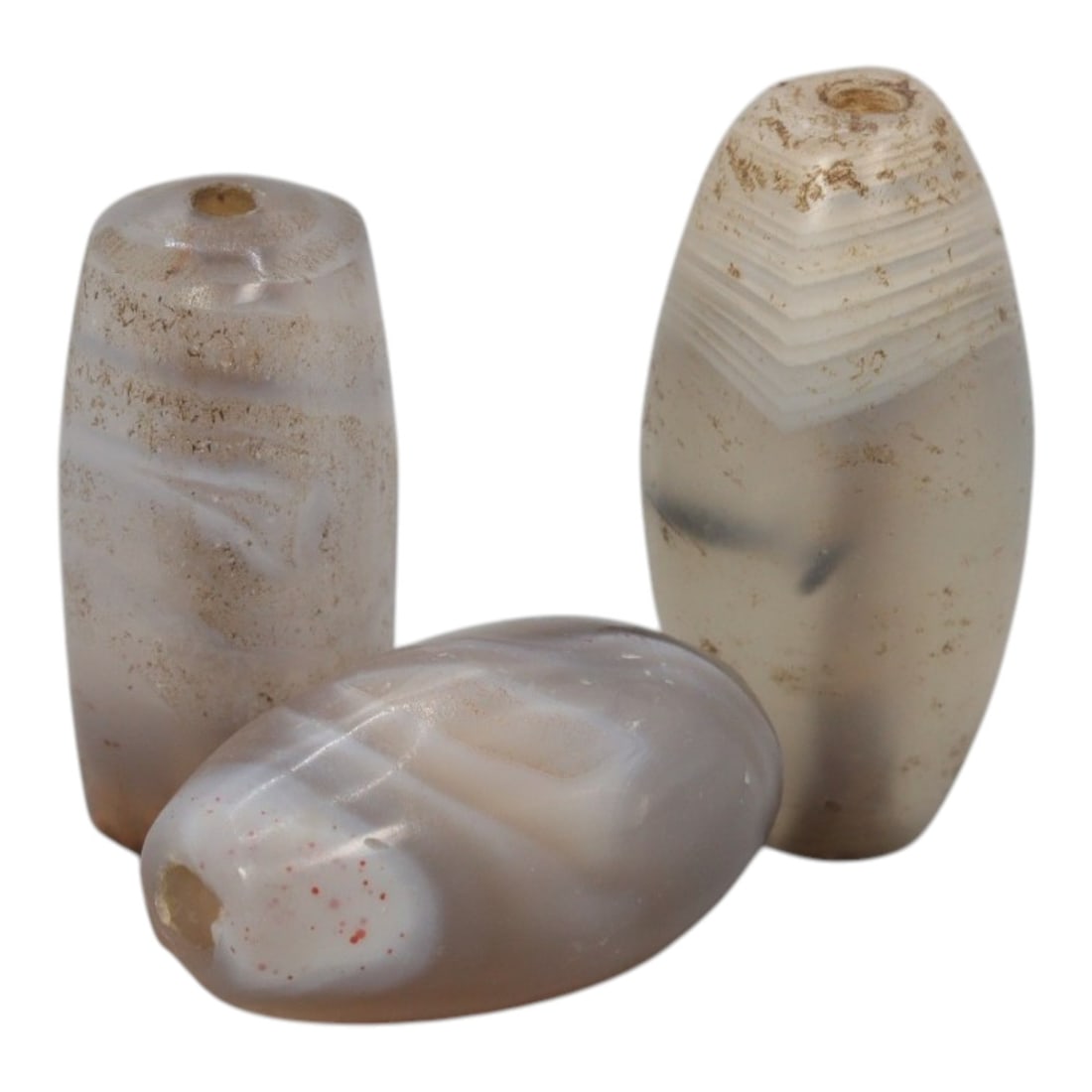 Lot of 3 Antique Central Asian / Himalayan Banded Agate Trade Beads, 15th-19th Century, 56WS: This lot comprises 3 antique banded agate beads, characteristic of Central Asian or Himalayan trade traditions. Each bead exhibits signs of significant age, including natural patination, surface wear,