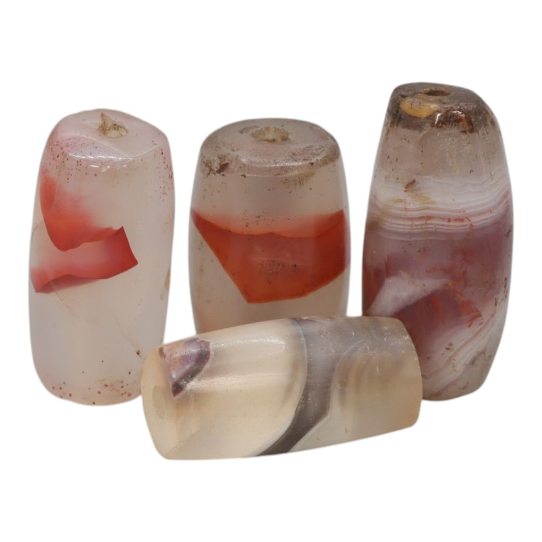 Lot of 4 Antique Central Asian / Himalayan Banded Agate Trade Beads, 15th-19th Century, 43WS: This lot comprises 4 antique banded agate beads, characteristic of Central Asian or Himalayan trade traditions. Each bead exhibits signs of significant age, including natural patination, surface wear,