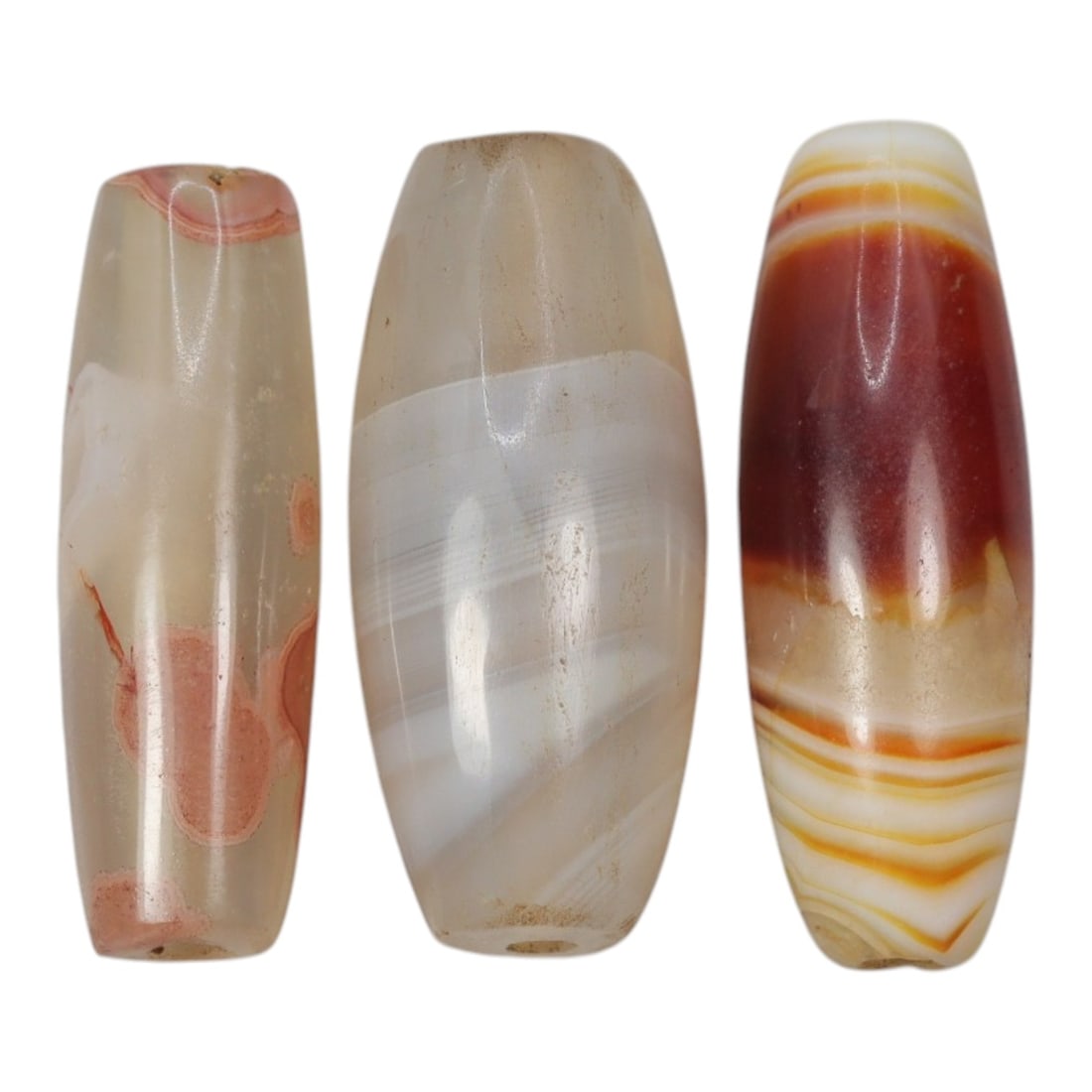 Lot of 3 Antique Central Asian / Himalayan Banded Agate Trade Beads, 15th-19th Century, 26WS: This lot comprises 3 antique banded agate beads, characteristic of Central Asian or Himalayan trade traditions. Each bead exhibits signs of significant age, including natural patination, surface wear,