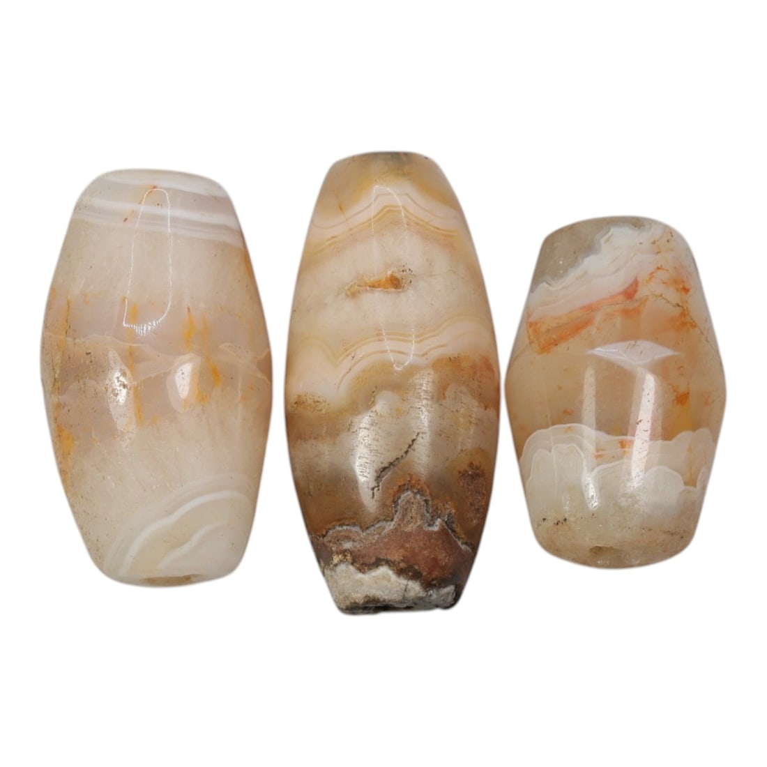 Lot of 3 Antique Central Asian / Himalayan Banded Agate Trade Beads, 15th-19th Century, 27WS: This lot comprises 3 antique banded agate beads, characteristic of Central Asian or Himalayan trade traditions. Each bead exhibits signs of significant age, including natural patination, surface wear,