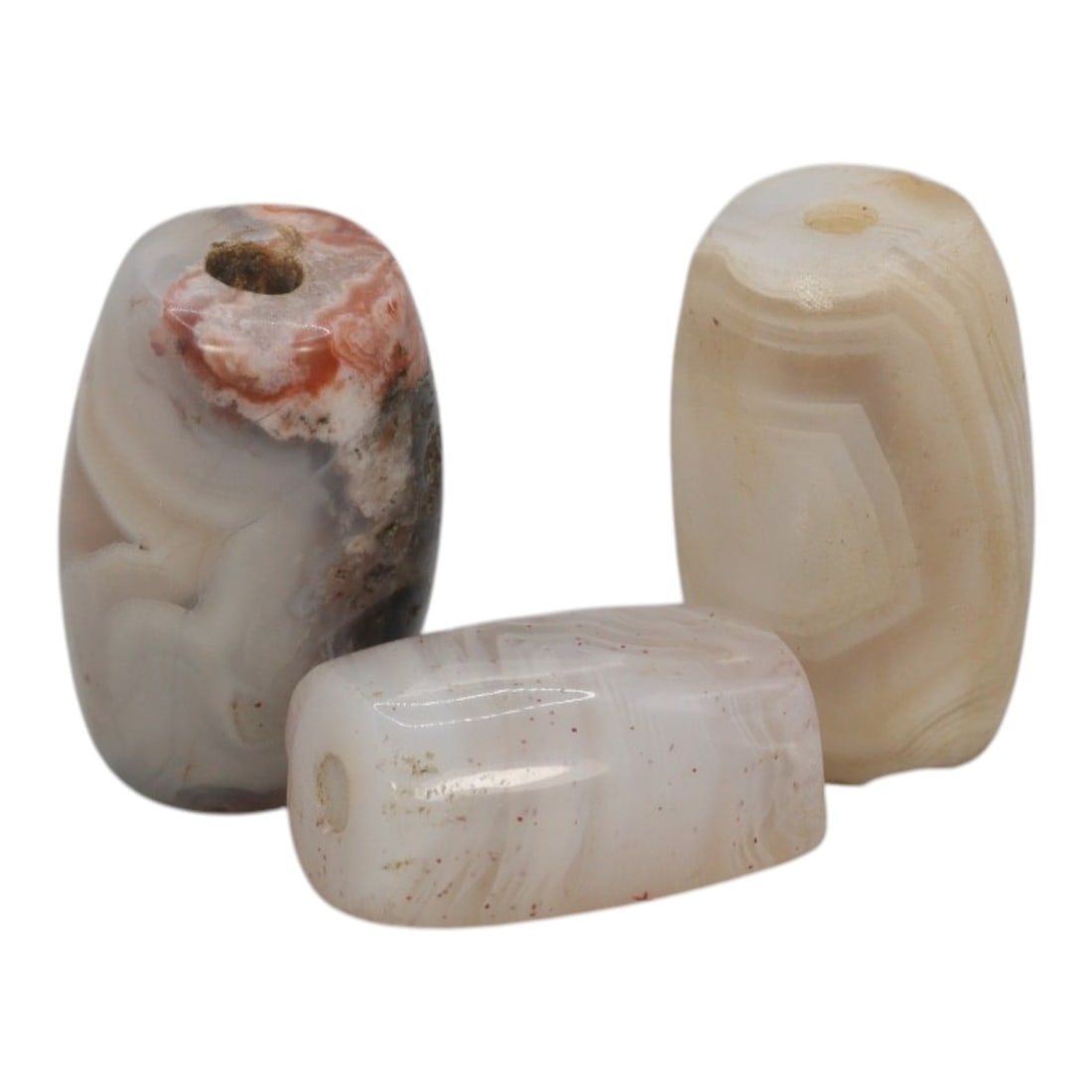 Lot of 3 Antique Central Asian / Himalayan Banded Agate Trade Beads, 15th-19th Century, 52WS: This lot comprises 3 antique banded agate beads, characteristic of Central Asian or Himalayan trade traditions. Each bead exhibits signs of significant age, including natural patination, surface wear,