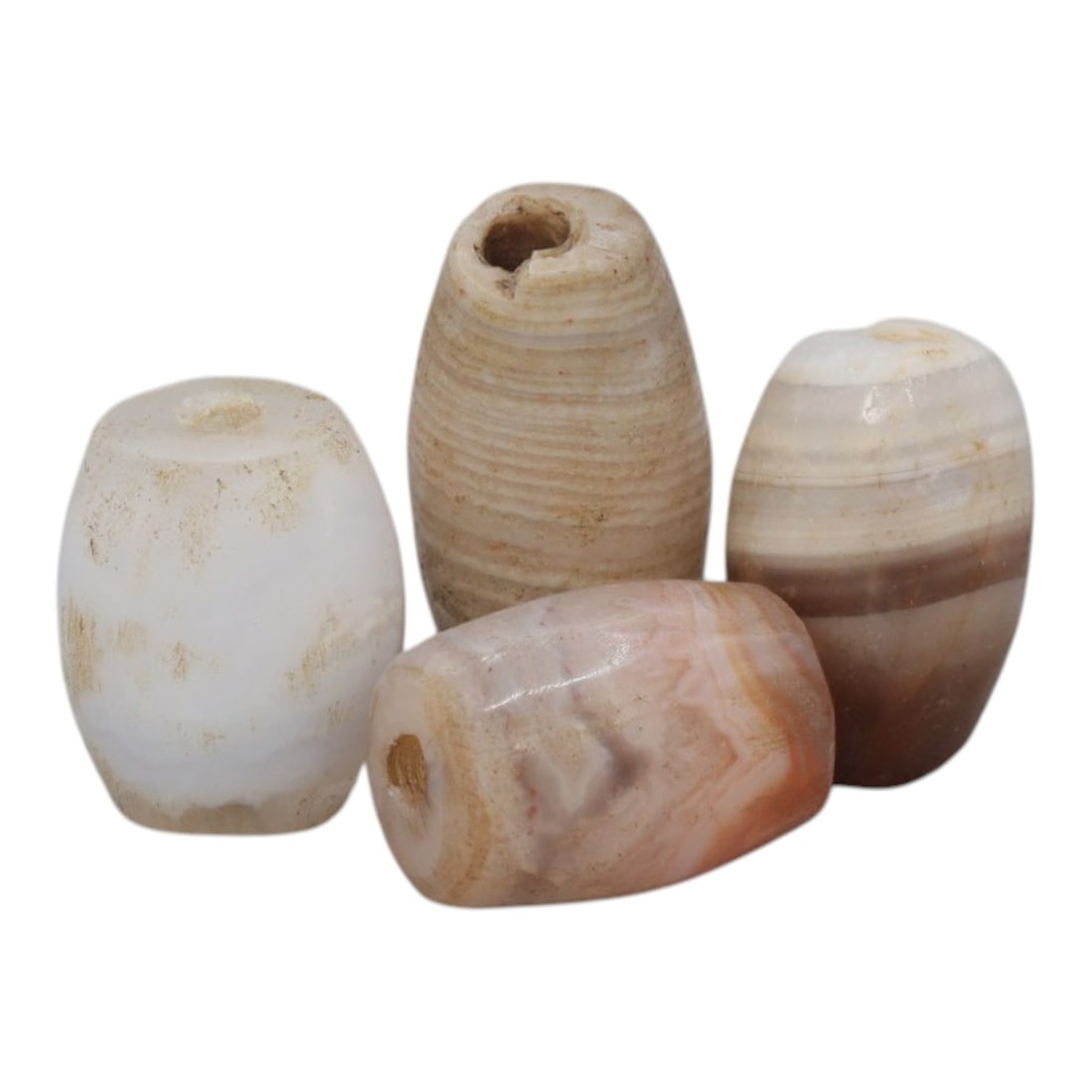 Lot of 4 Antique Central Asian / Himalayan Banded Agate Trade Beads, 15th-19th Century, 58WS: This lot comprises 4 antique banded agate beads, characteristic of Central Asian or Himalayan trade traditions. Each bead exhibits signs of significant age, including natural patination, surface wear,