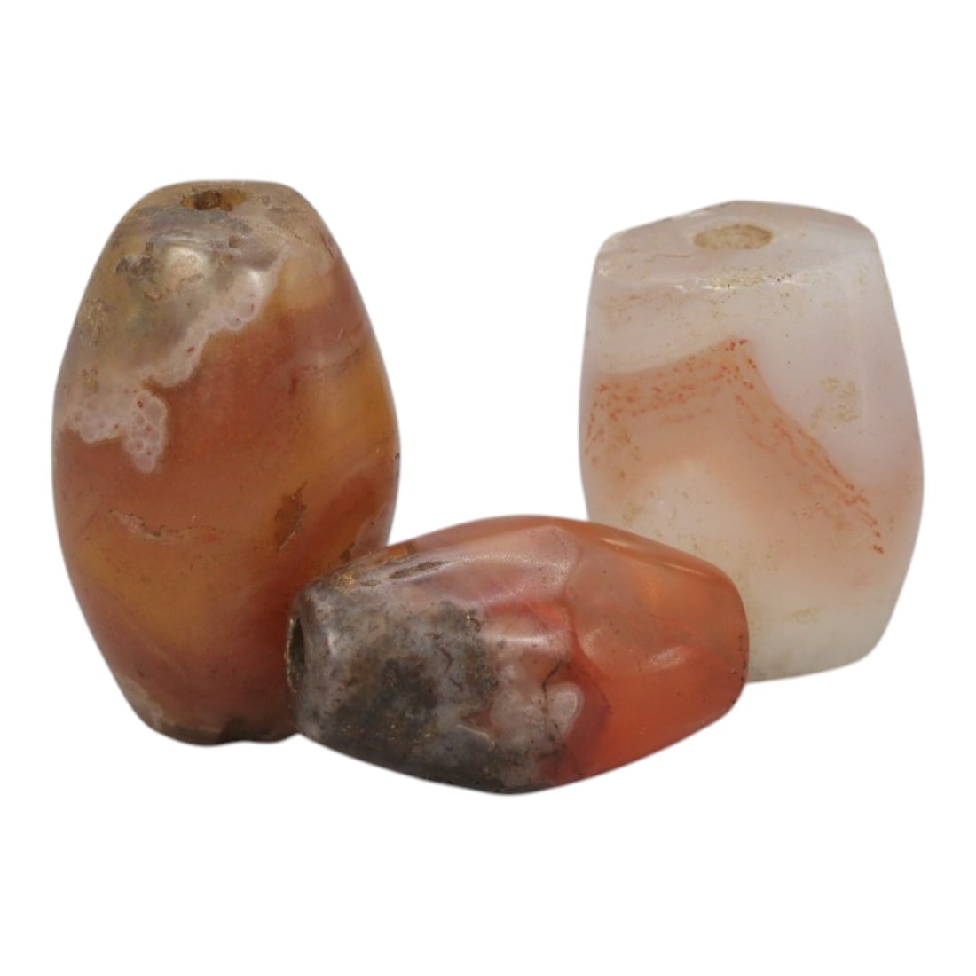 Lot of 3 Antique Central Asian / Himalayan Banded Agate Trade Beads, 15th-19th Century, 48WS: This lot comprises 3 antique banded agate beads, characteristic of Central Asian or Himalayan trade traditions. Each bead exhibits signs of significant age, including natural patination, surface wear,