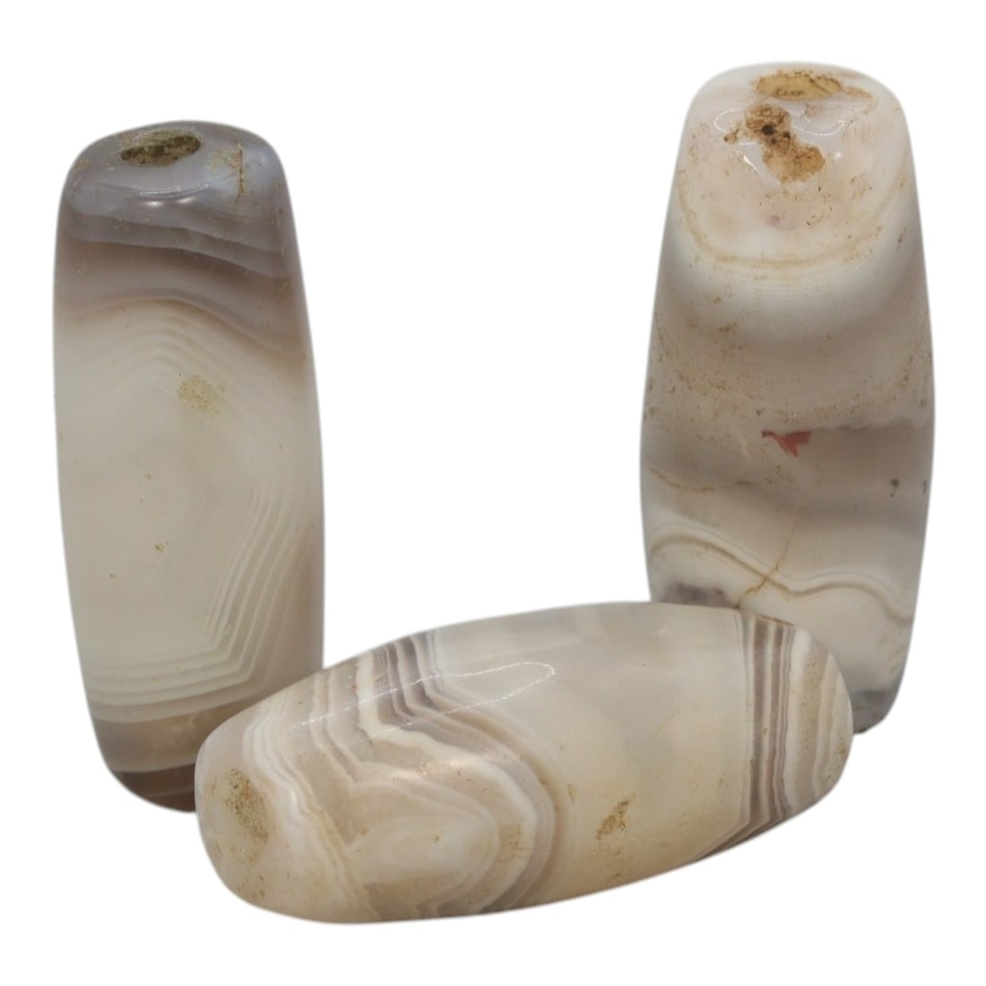 Lot of 3 Antique Central Asian / Himalayan Banded Agate Trade Beads, 15th-19th Century, 76WS: This lot comprises 3 antique banded agate beads, characteristic of Central Asian or Himalayan trade traditions. Each bead exhibits signs of significant age, including natural patination, surface wear,
