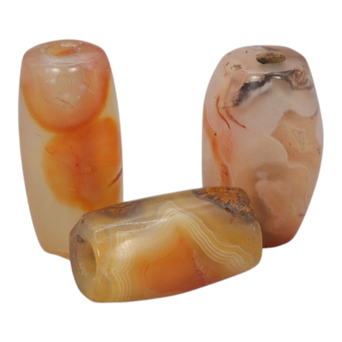 Lot of 3 Antique Central Asian / Himalayan Banded Agate Trade Beads, 15th-19th Century, 66WS: This lot comprises 3 antique banded agate beads, characteristic of Central Asian or Himalayan trade traditions. Each bead exhibits signs of significant age, including natural patination, surface wear,