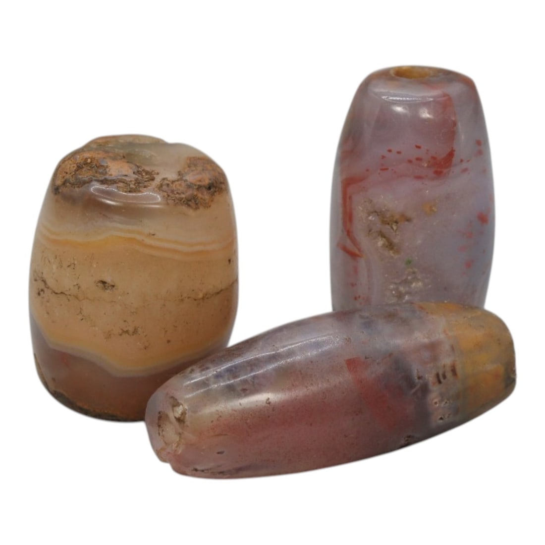 Lot of 3 Antique Central Asian / Himalayan Banded Agate Trade Beads, 15th-19th Century, 22WS: This lot comprises 3 antique banded agate beads, characteristic of Central Asian or Himalayan trade traditions. Each bead exhibits signs of significant age, including natural patination, surface wear,