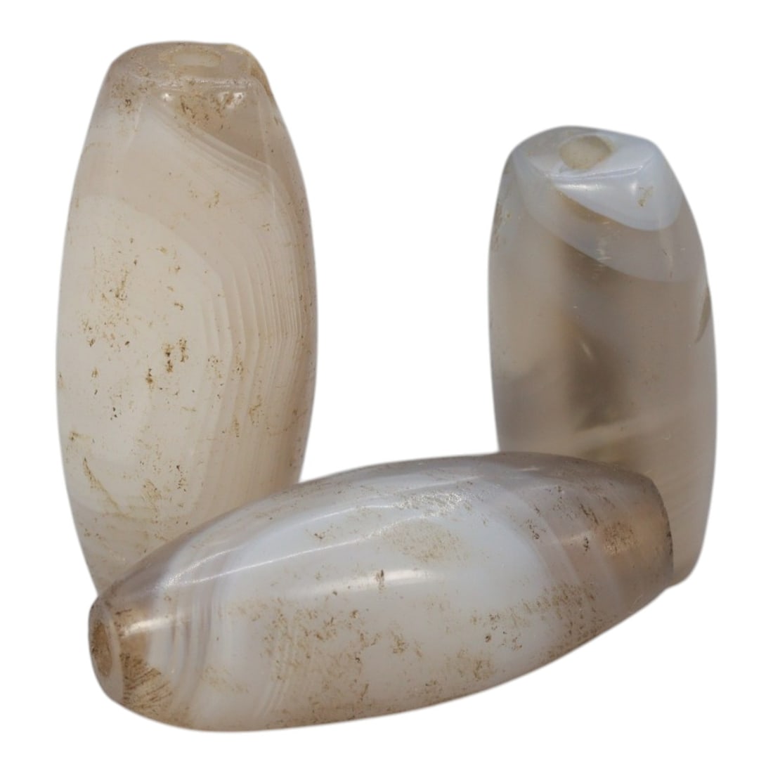 Lot of 3 Antique Central Asian / Himalayan Banded Agate Trade Beads, 15th-19th Century, 51WS: This lot comprises 3 antique banded agate beads, characteristic of Central Asian or Himalayan trade traditions. Each bead exhibits signs of significant age, including natural patination, surface wear,