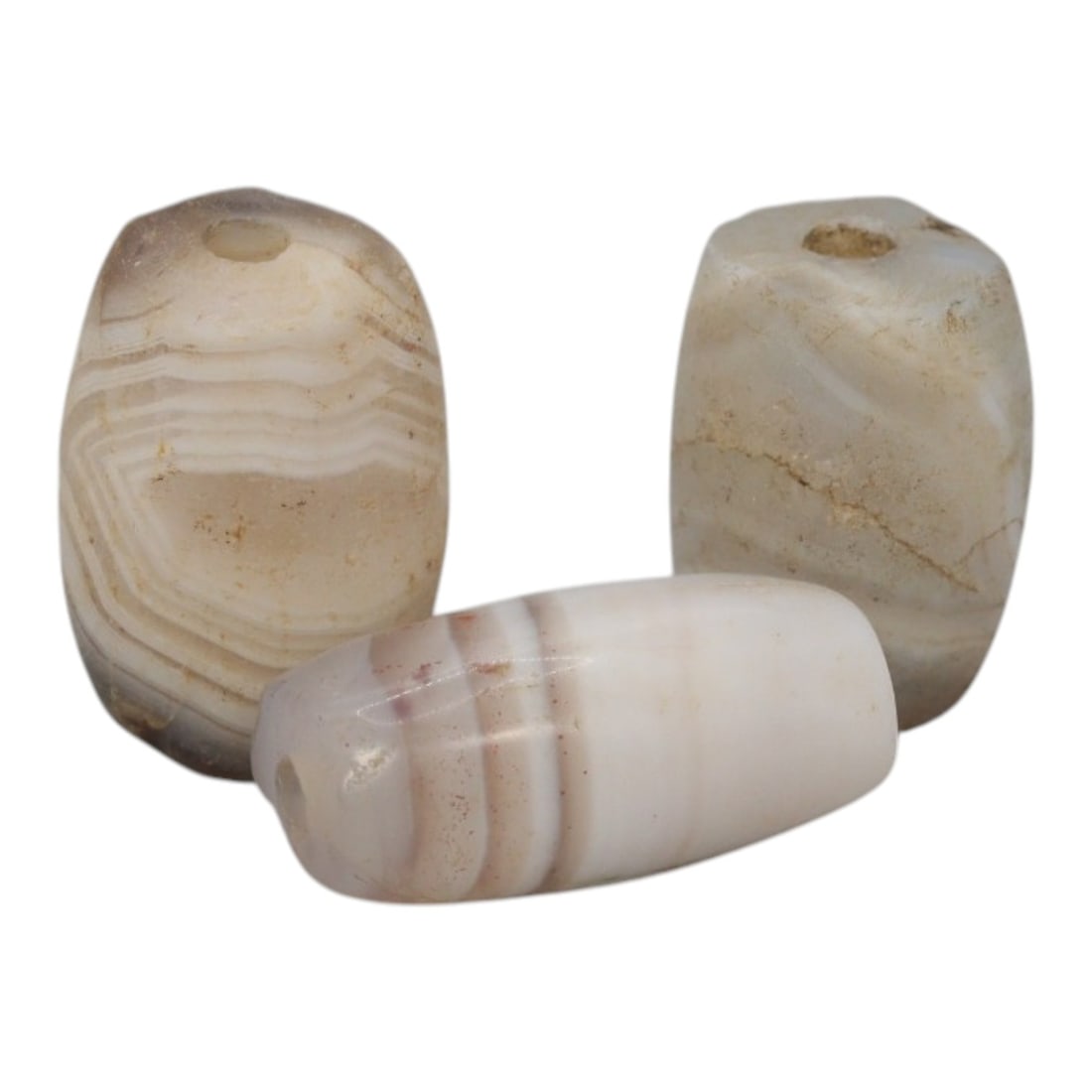 Lot of 3 Antique Central Asian / Himalayan Banded Agate Trade Beads, 15th-19th Century, 53WS: This lot comprises 3 antique banded agate beads, characteristic of Central Asian or Himalayan trade traditions. Each bead exhibits signs of significant age, including natural patination, surface wear,