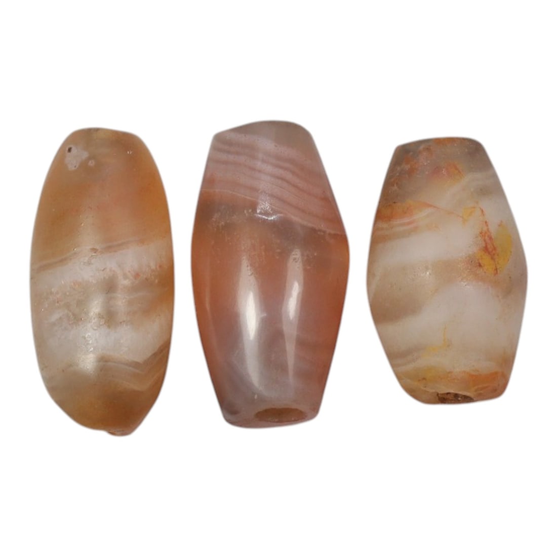 Lot of 3 Antique Central Asian / Himalayan Banded Agate Trade Beads, 15th-19th Century, 30WS: This lot comprises 3 antique banded agate beads, characteristic of Central Asian or Himalayan trade traditions. Each bead exhibits signs of significant age, including natural patination, surface wear,