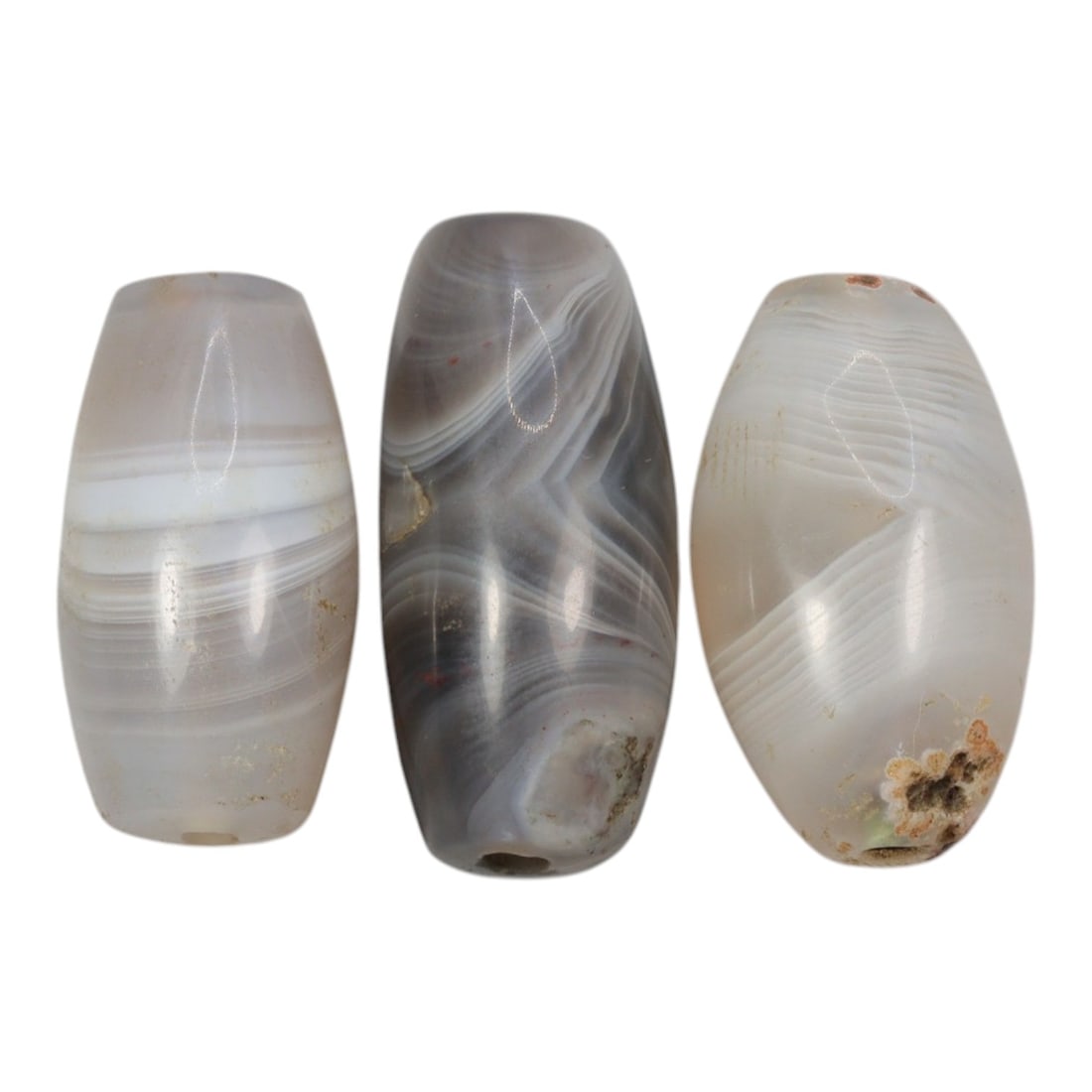 Lot of 3 Antique Central Asian / Himalayan Banded Agate Trade Beads, 15th-19th Century, 33WS: This lot comprises 3 antique banded agate beads, characteristic of Central Asian or Himalayan trade traditions. Each bead exhibits signs of significant age, including natural patination, surface wear,