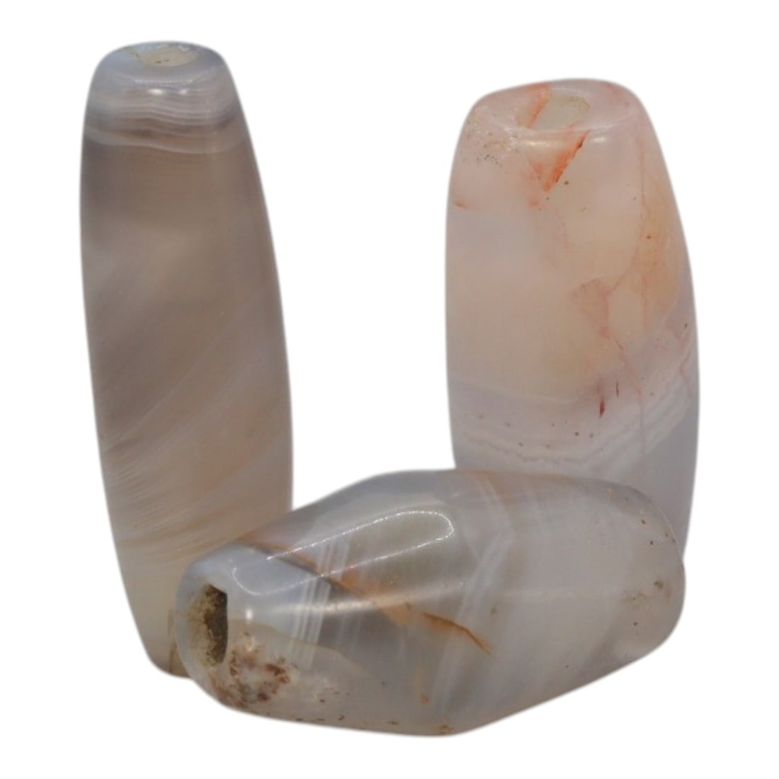 Lot of 3 Antique Central Asian / Himalayan Banded Agate Trade Beads, 15th-19th Century, 78WS: This lot comprises 3 antique banded agate beads, characteristic of Central Asian or Himalayan trade traditions. Each bead exhibits signs of significant age, including natural patination, surface wear,