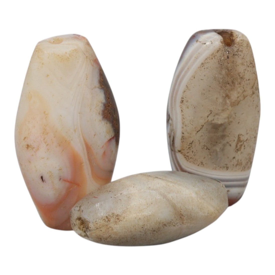 Lot of 3 Antique Central Asian / Himalayan Banded Agate Trade Beads, 15th-19th Century, 79WS: This lot comprises 3 antique banded agate beads, characteristic of Central Asian or Himalayan trade traditions. Each bead exhibits signs of significant age, including natural patination, surface wear,