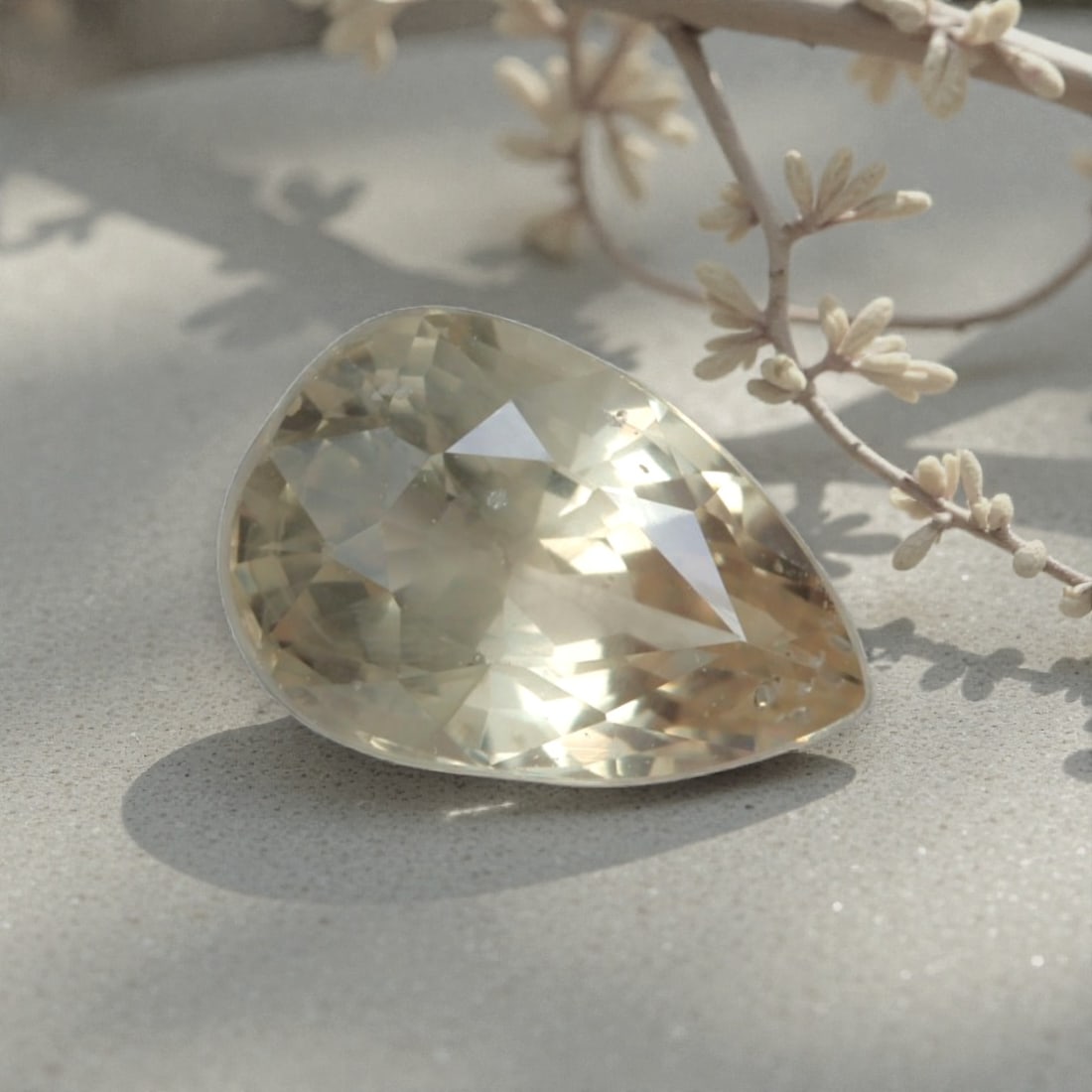 0.95 Carats Natural Sri Lankan Yellow Sapphire Pear Cut, 25AL: This pear-cut natural yellow sapphire showcases a soft, warm golden hue, radiating the gentle glow of sunlight. The faceted cut features well-proportioned facets that create brilliant light play, high