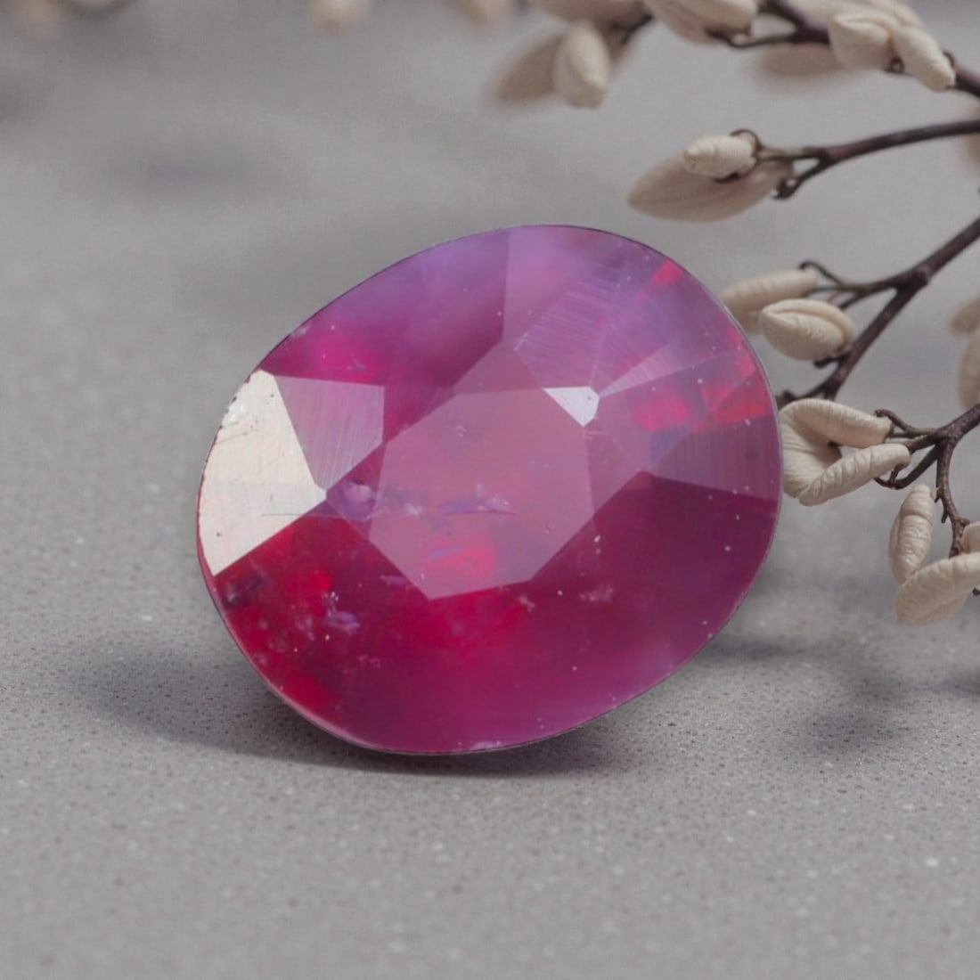 0.76 Carats Natural Pinkish Red Mozambique Ruby Oval Cut, 6AL: This oval-cut natural ruby presents a soft pinkish-red hue with delicate purple undertones, featuring subtle natural inclusions and faint internal characteristics that add organic depth and warmth to 