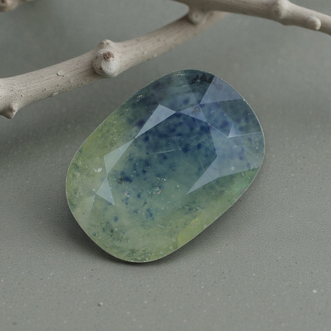 5.78 Carats Natural Australian Parti Sapphire Cushion Cut, 39AL: This cushion-cut natural sapphire showcases a mesmerizing parti-color effect, with a soft yellow-green base transitioning into vivid blue clusters, evoking the dreamy hues of a tropical lagoon. The fa