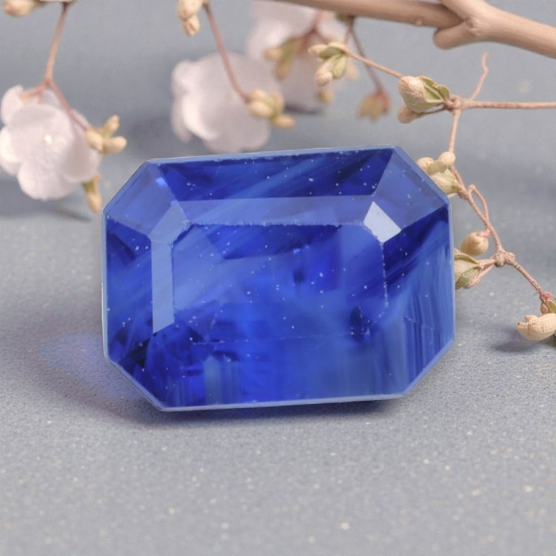 0.71 Carats Natural Royal Blue Madagascar Sapphire Emerald Cut, 80AK: This emerald-cut Madagascar blue sapphire showcases a rich, saturated royal blue hue, with subtle natural banding and fine white inclusions that add organic depth and dimensionality to its appearance.