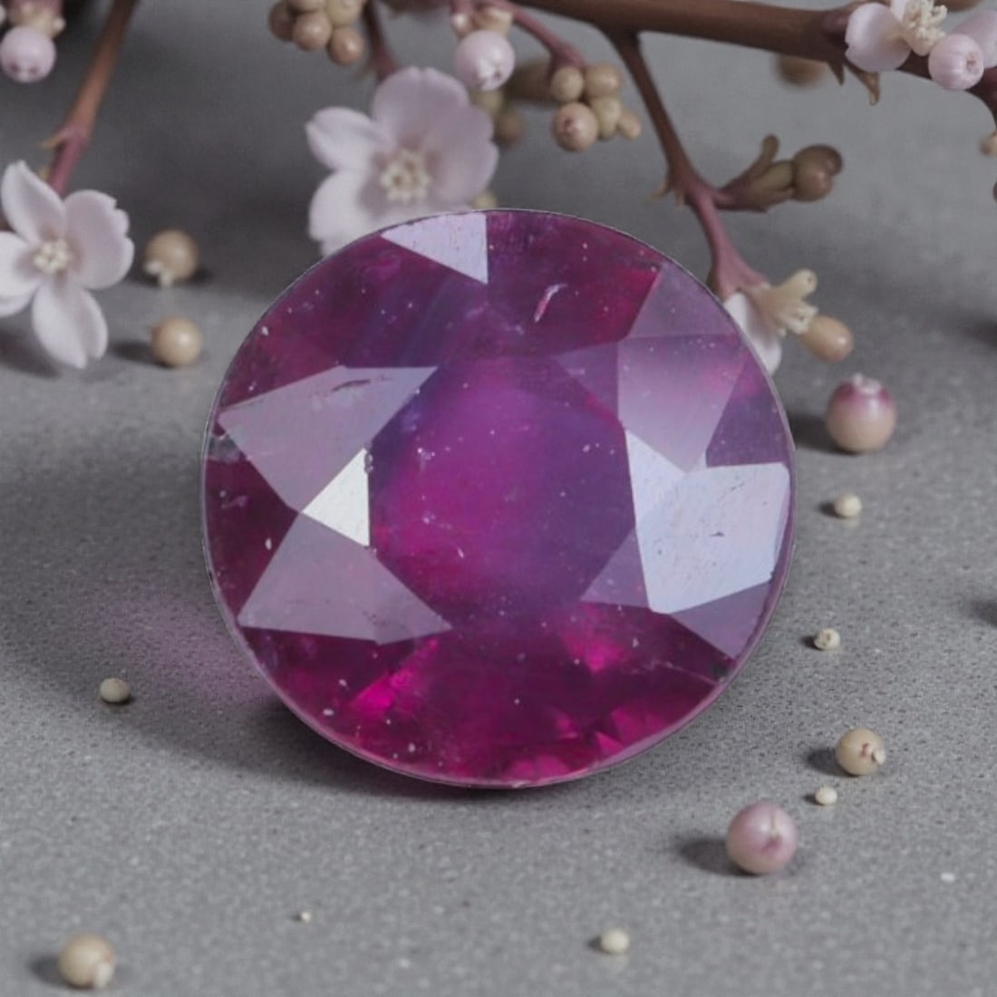 0.86 Carats Natural Pinkish Red Mozambique Ruby Round Cut, 12AL: This round-cut natural ruby displays a rich pinkish-red hue with soft purple undertones, featuring subtle natural inclusions and internal characteristics that add organic depth and authenticity to its