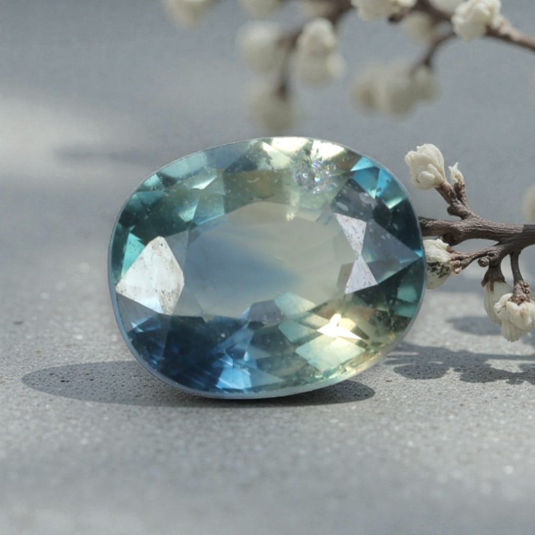 0.86 Carats Natural Australian Parti Sapphire Oval Cut, 30AL: This oval-cut natural sapphire showcases a mesmerizing parti color palette, blending teal-blue, soft green, and subtle golden hues that shift dynamically under light. The faceted cut features well-pro