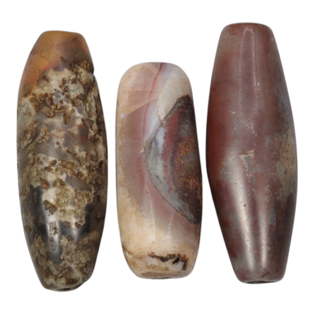 Lot of 3 Antique Central Asian / Himalayan Banded Agate Trade Beads, 15th-19th Century, 63WS: This lot comprises 3 antique banded agate beads, characteristic of Central Asian or Himalayan trade traditions. Each bead exhibits signs of significant age, including natural patination, surface wear,