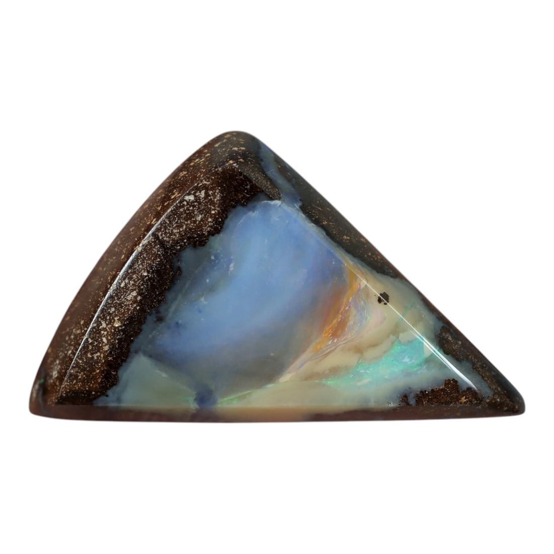 5.82 Carats Soft Blue and Iridescent Green Boulder Opal Cabochon - Natural Australian Stone, 46XM: This striking boulder opal cabochon features a smooth, triangular form with a rich brown ironstone matrix framing a luminous core of soft blue opal, accented by delicate iridescent green and golden fl
