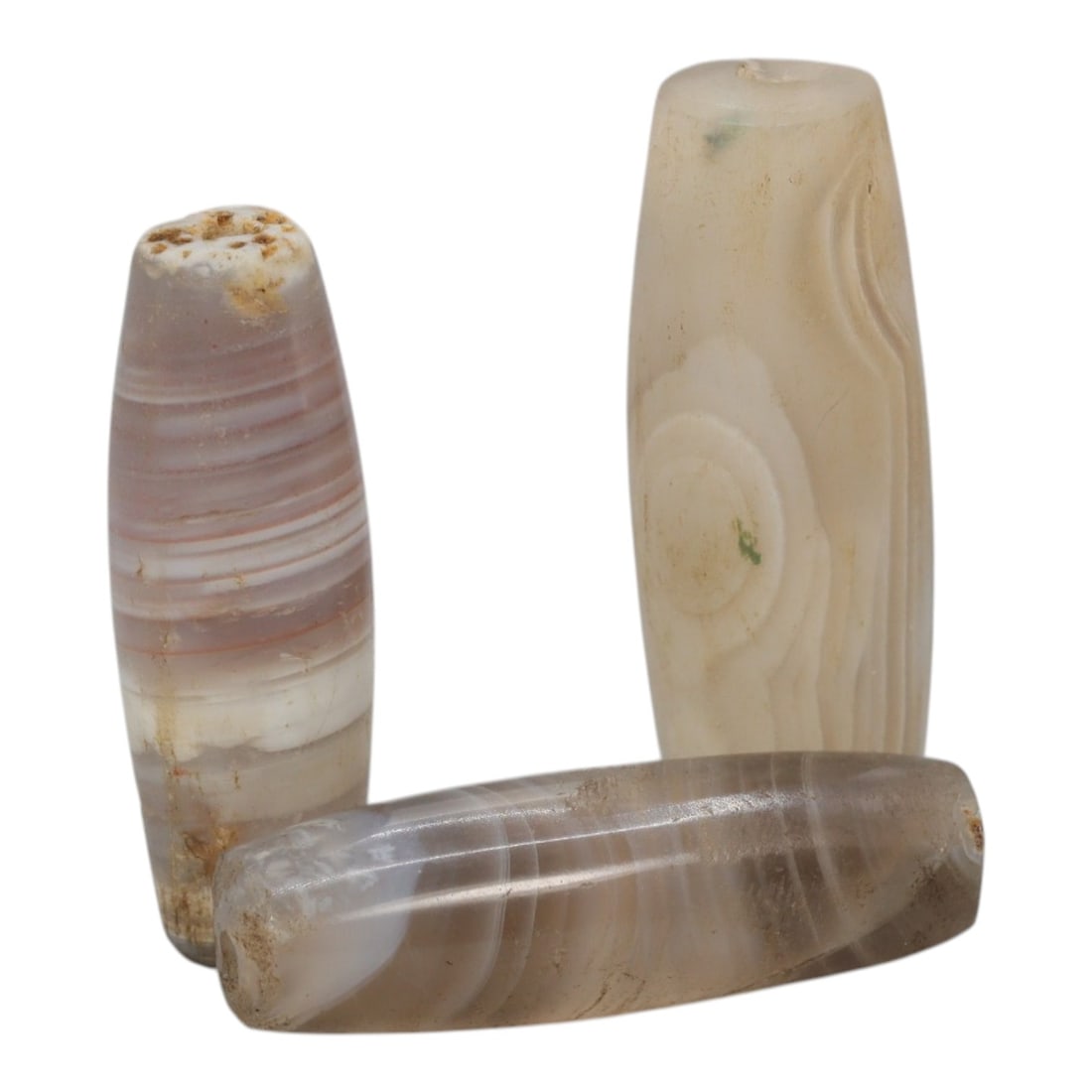 Lot of 3 Antique Central Asian / Himalayan Banded Agate Trade Beads, 15th-19th Century, 80WS: This lot comprises 3 antique banded agate beads, characteristic of Central Asian or Himalayan trade traditions. Each bead exhibits signs of significant age, including natural patination, surface wear,