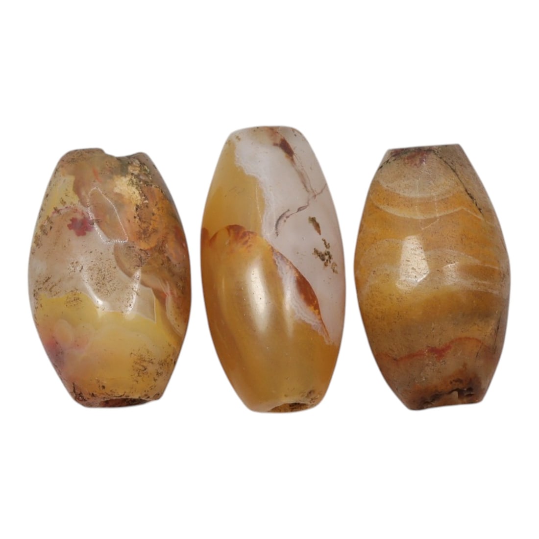 Lot of 3 Antique Central Asian / Himalayan Banded Agate Trade Beads, 15th-19th Century, 34WS: This lot comprises 3 antique banded agate beads, characteristic of Central Asian or Himalayan trade traditions. Each bead exhibits signs of significant age, including natural patination, surface wear,