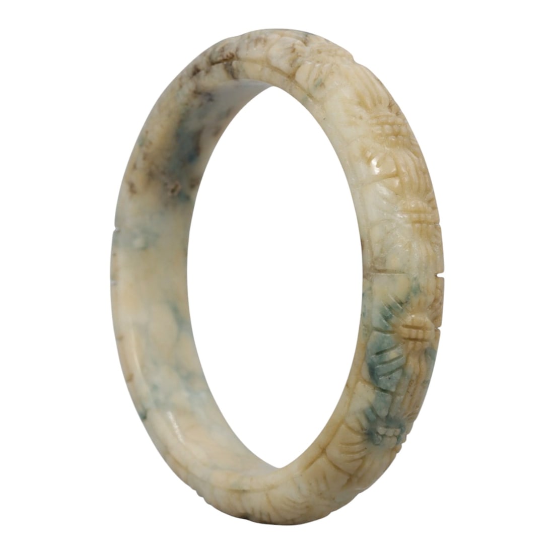 A Chinese Carved Jadeite Jade Bangle Bracelet, 20th Century, 51ZL: A fine jadeite bangle of flattened circular form, intricately carved in relief with a continuous band of foliate and floral motifs. The stone displays a captivating variegated palette, featuring a cre