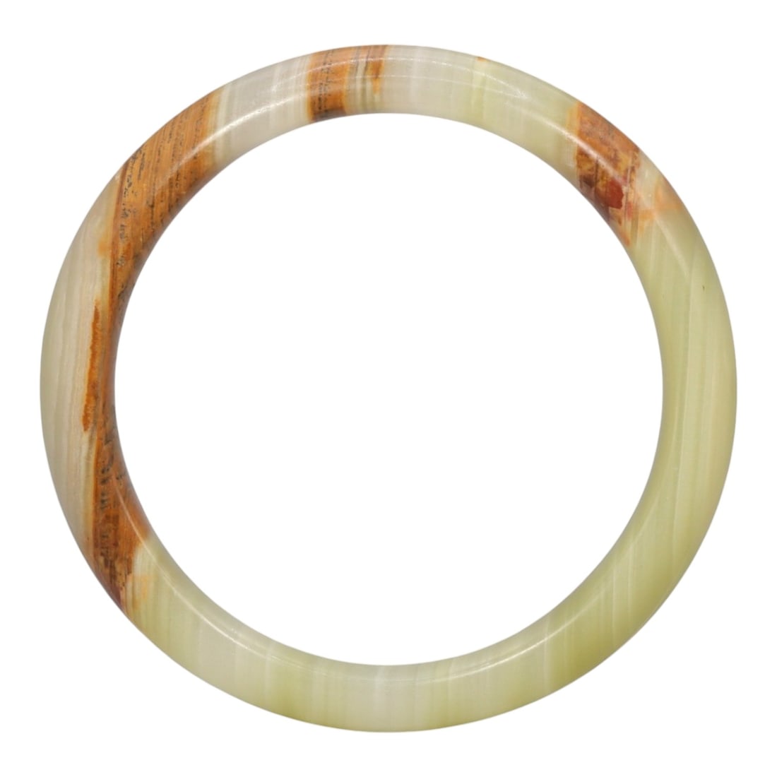 A Chinese Hetian Jade Bangle Bracelet, 20th Century, 21YC, 21YC: Carved from a single piece of Hetian nephrite jade, the bangle is formed as a continuous circular hoop with a rounded exterior profile and a flat inner edge, smoothly polished to a soft surface luster