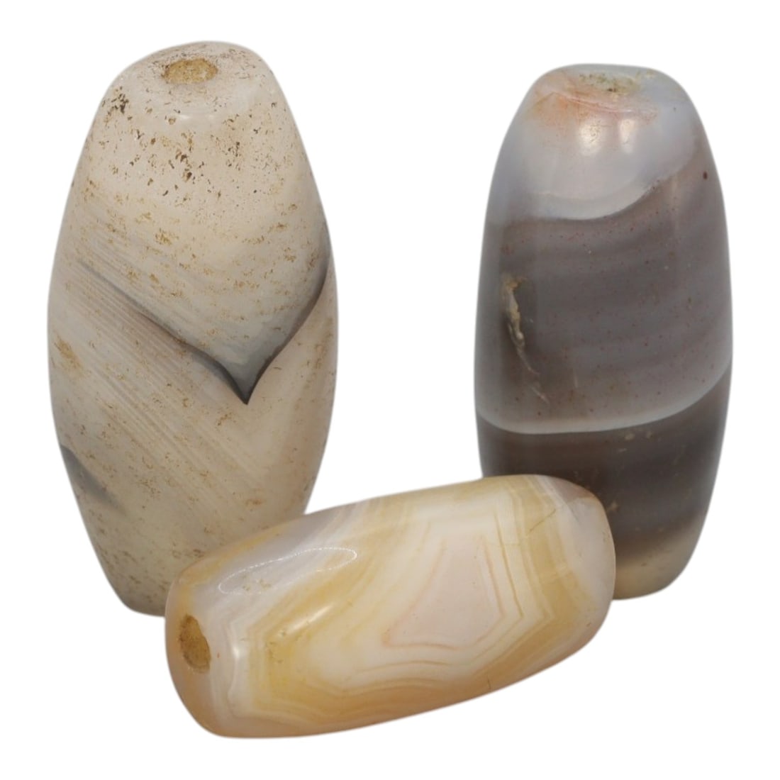 Lot of 3 Antique Central Asian / Himalayan Banded Agate Trade Beads, 15th-19th Century, 47WS: This lot comprises 3 antique banded agate beads, characteristic of Central Asian or Himalayan trade traditions. Each bead exhibits signs of significant age, including natural patination, surface wear,
