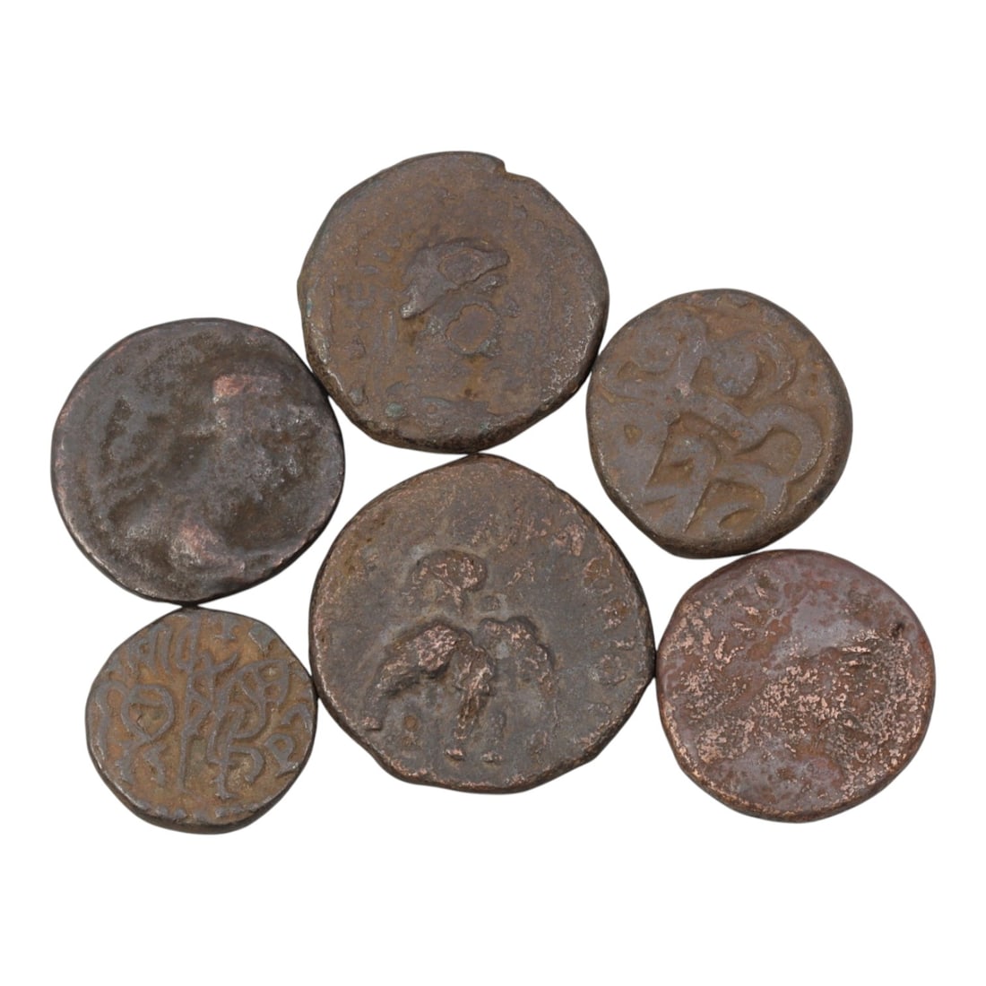 Lot of 6 Ancient Indo-Greek Bronze Coins, Circa 2nd-1st Century BCE, 23WL: The group comprises six round bronze coins of varying sizes, characteristic of Indo-Greek coinage from the northwestern Indian subcontinent. The obverses and reverses depict iconography including roya