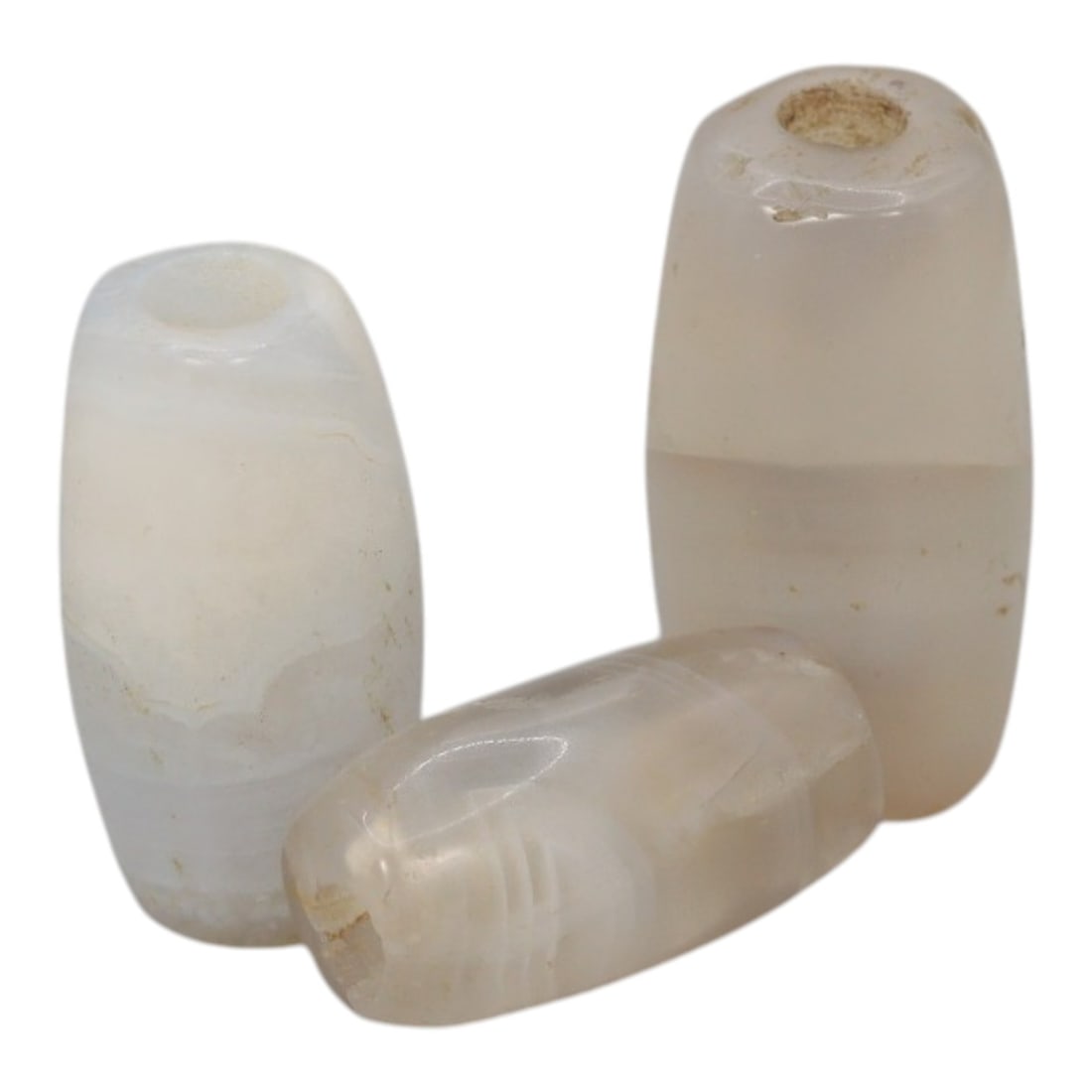 Lot of 3 Antique Central Asian / Himalayan Banded Agate Trade Beads, 15th-19th Century, 65WS: This lot comprises 3 antique banded agate beads, characteristic of Central Asian or Himalayan trade traditions. Each bead exhibits signs of significant age, including natural patination, surface wear,