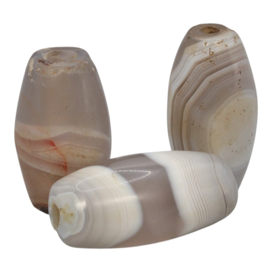 Lot of 3 Antique Central Asian / Himalayan Banded Agate Trade Beads, 15th-19th Century, 77WS: This lot comprises 3 antique banded agate beads, characteristic of Central Asian or Himalayan trade traditions. Each bead exhibits signs of significant age, including natural patination, surface wear,