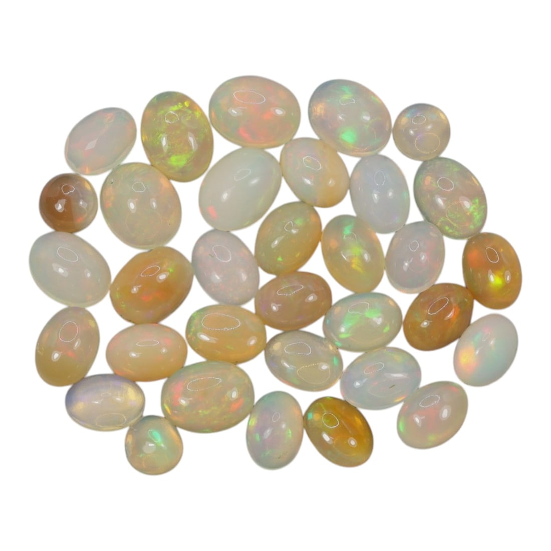 19.13 Carats Welo Opal Cabochon Parcel - Natural Ethiopian Stones, 48XA: This luminous collection of Welo opals showcases a rich spectrum of warm and cool translucent body tones, from milky white and soft cream to honey and golden amber, each adorned with vivid, shifting c