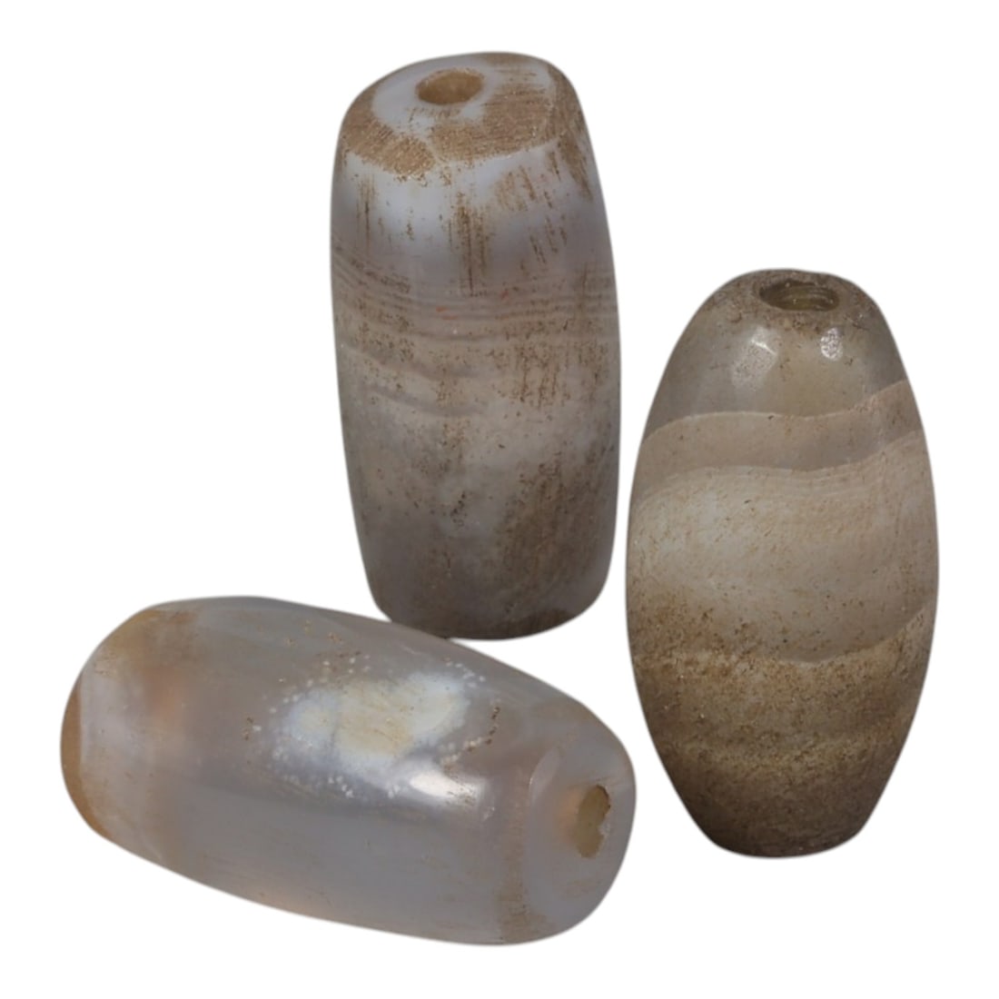 Lot of 3 Antique Central Asian / Himalayan Banded Agate Trade Beads, 15th-19th Century., 52AK: This lot comprises 3 antique banded agate beads, characteristic of Central Asian or Himalayan trade traditions. Each bead exhibits signs of significant age, including natural patination, surface wear,