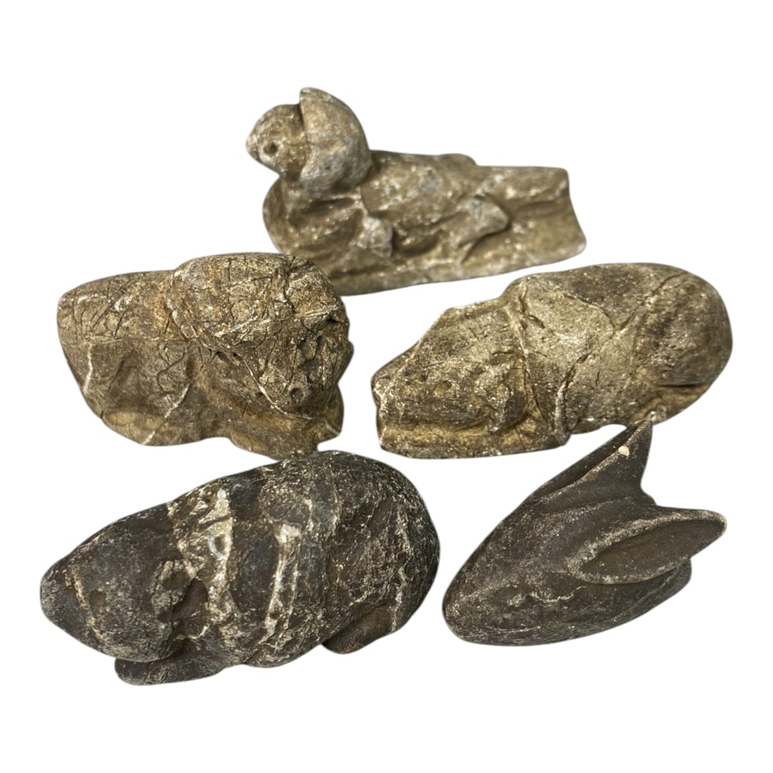 Lot of 5 Medieval Mediterranean Zoomorphic Stone Carvings, 84AG: A collection of five hand-carved stone zoomorphic figurines, attributed to medieval folk or tribal art traditions of the Mediterranean region. Crafted from weathered stone in varying earthy tones, the