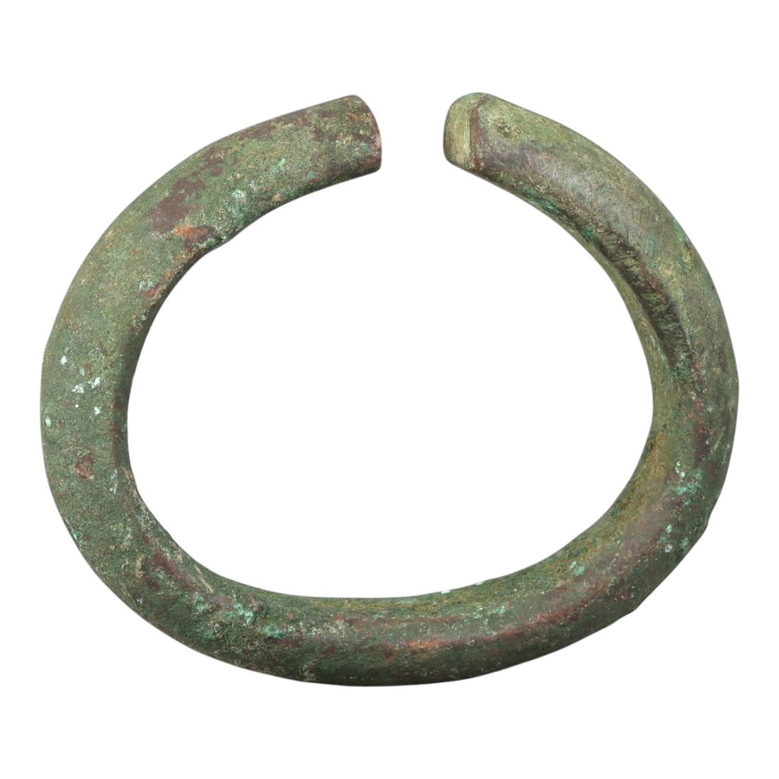 Ancient Bronze Bracelet - Roman Heavy Open Cuff, 31BN: An open-form bracelet crafted from thick, robust cast bronze, with a wide rounded cross-section and simple squared terminals. The sturdy, utilitarian form is characteristic of Roman provincial jewelry