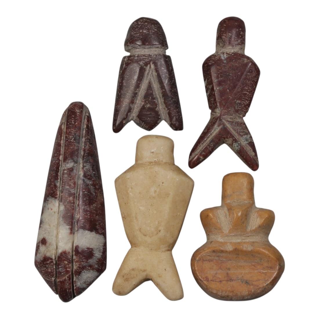 Lot of 5 Ancient Coptic Egyptian Stone Amulets, Circa Roman to Coptic Era, 94WP: Carved from various stones, including reddish-brown with white inclusions, light beige, and tan varieties, the group consists of five amulets of distinct forms. The set includes stylized fly/butterfly
